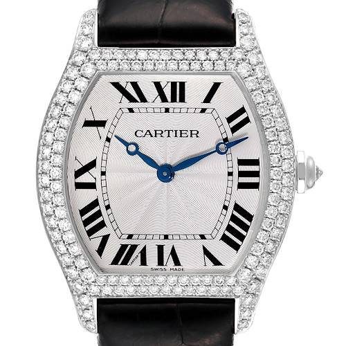 Photo of Cartier Tortue White Gold Black Strap Diamond Bezel Mens Watch WA504351
