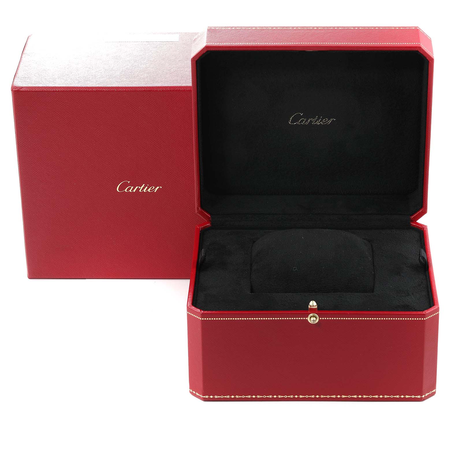 This image shows a Cartier Tortue WA504351 Men's White Gold Silver Dial WA504351 Men's White Gold Silver Dial model watch box and case, opened to reveal the internal cushion.