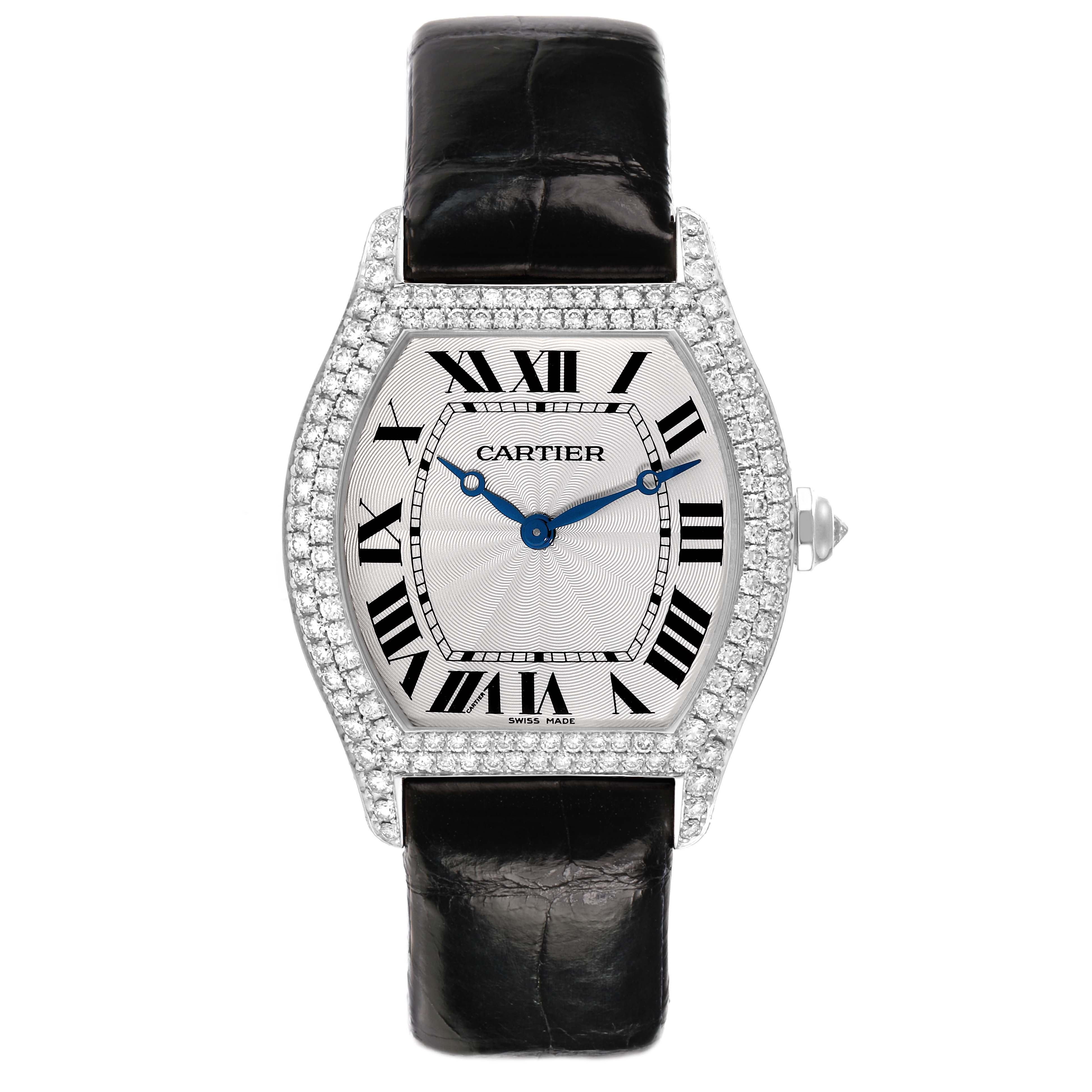 The Cartier Tortue WA504351 Men's White Gold Silver Dial watch is shown from the front, displaying its face, Roman numerals, and diamond-set bezel.