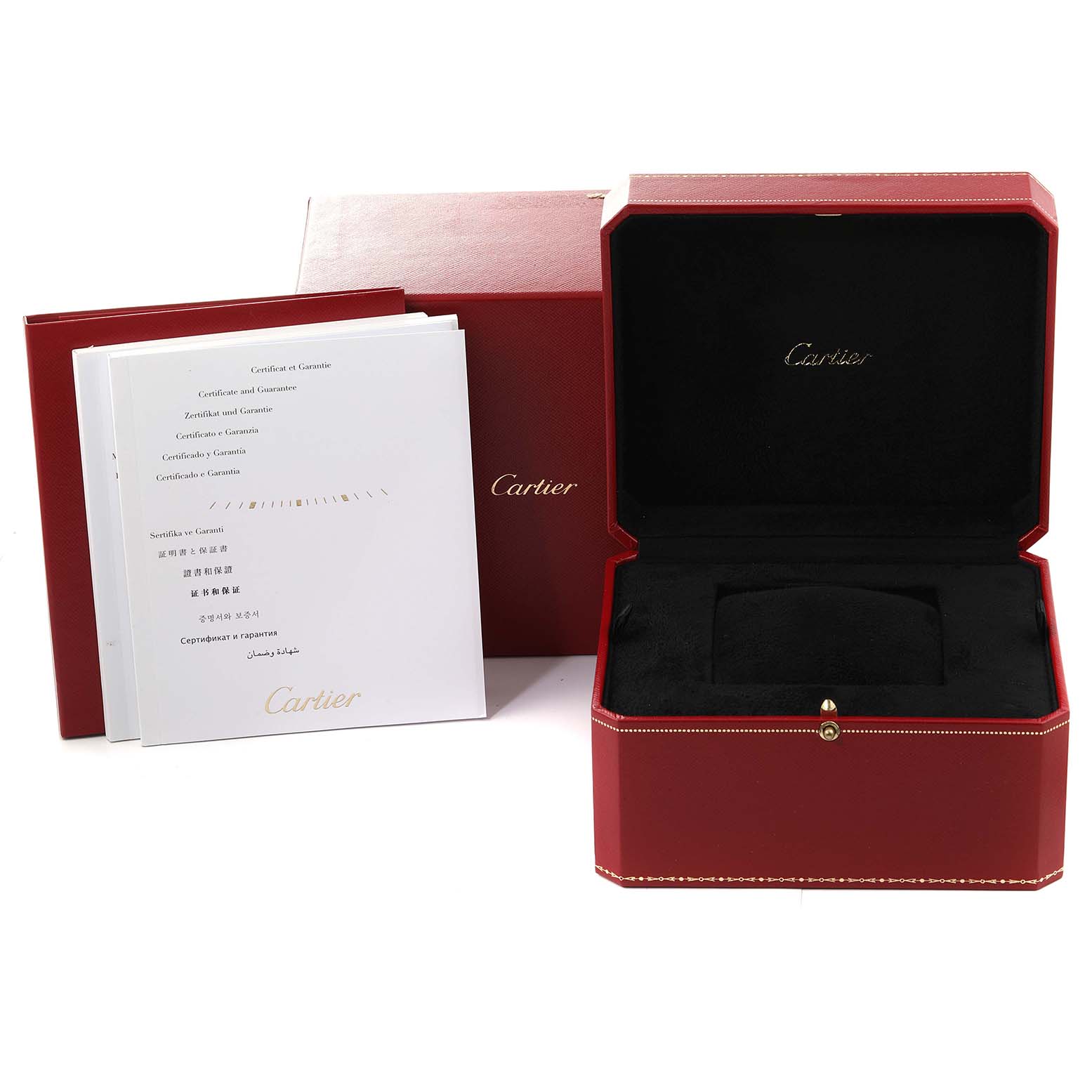 The image shows the packaging, including a red Cartier box and accompanying booklets, for a Cartier Tortue W1556233 Men's White Gold Silver Dial W1556233 Men's White Gold Silver Dial model watch.
