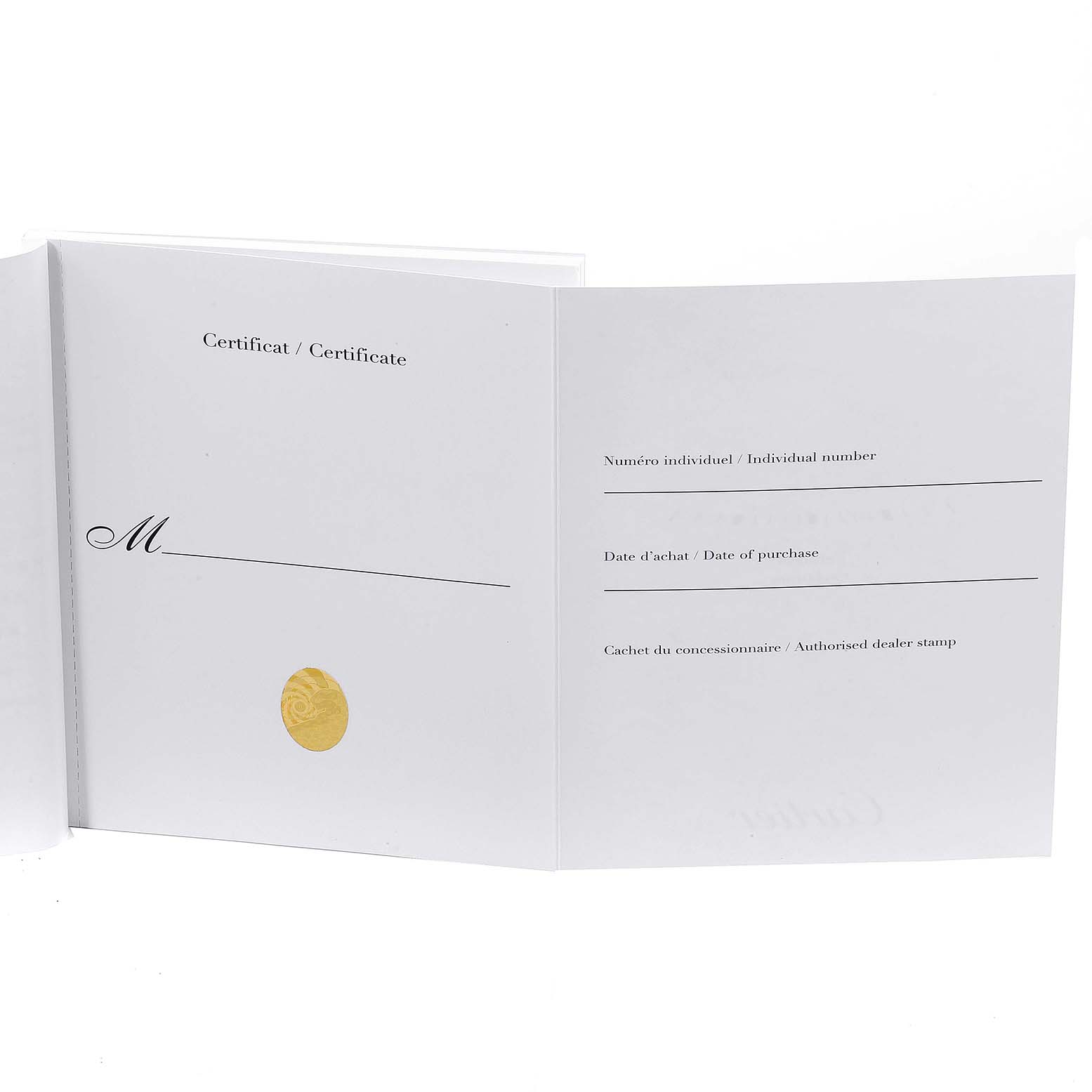 This is the certificate for the Tortue model by Cartier, shown open to display blank fields for individual number, date of purchase, and dealer stamp.