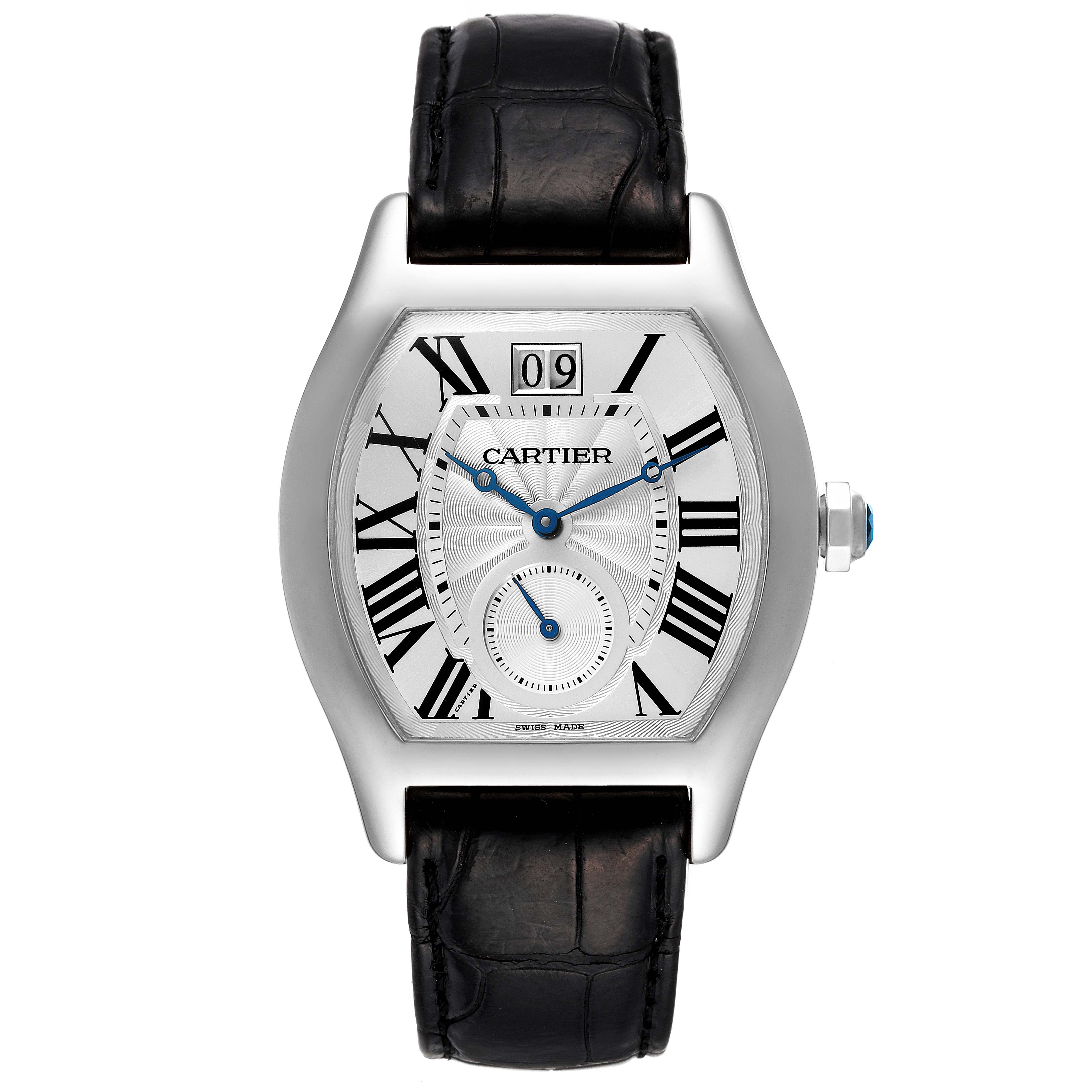 This image shows a front view of the Cartier Tortue W1556233 Men's White Gold Silver Dial W1556233 Men's White Gold Silver Dial watch, featuring its face, Roman numerals, and black leather strap.