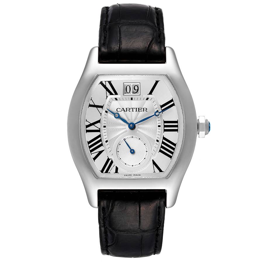 Cartier Tortue XL White Gold Flinque Dial Mens Watch W1556233 Box 