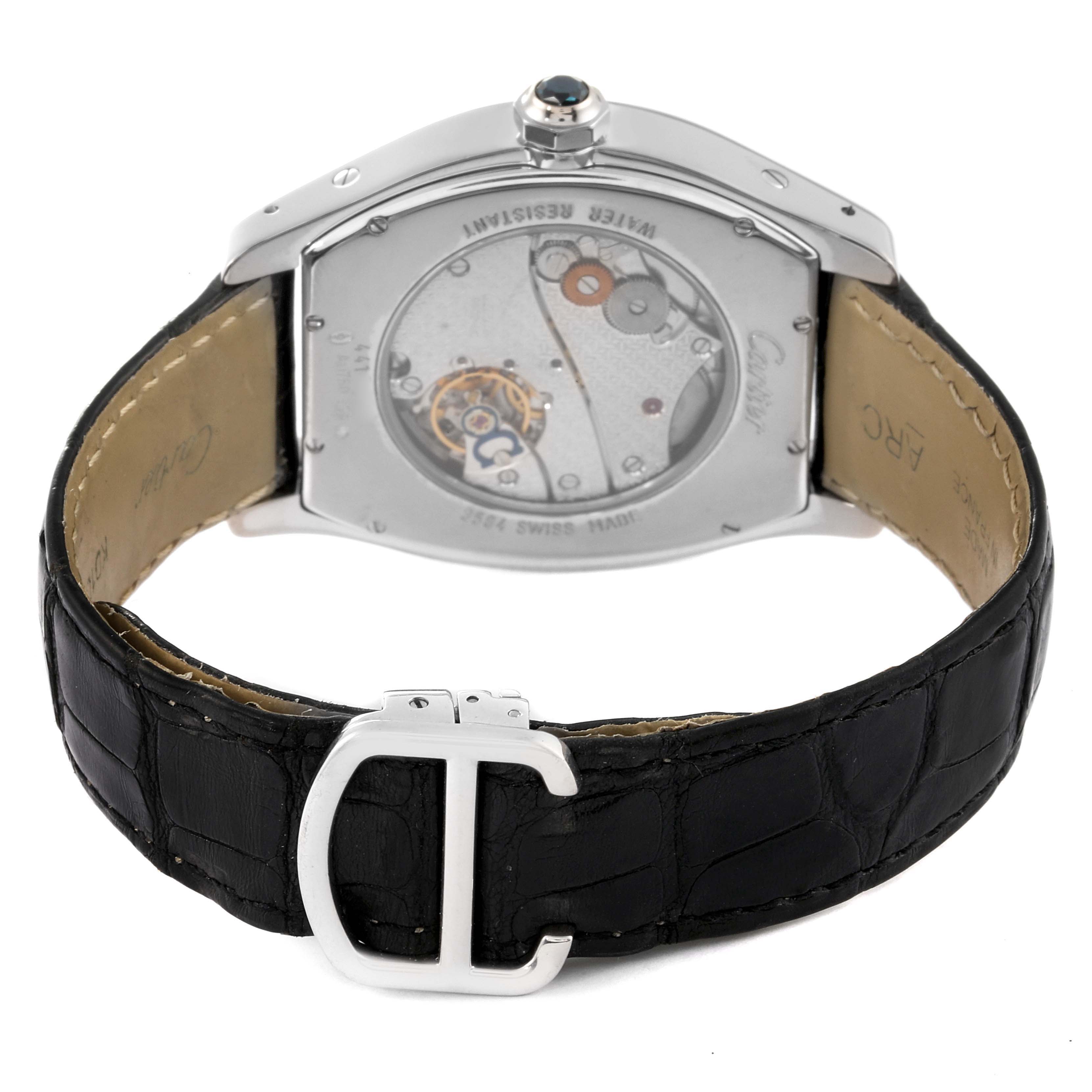 The image shows the back view of a Cartier Tortue W1556233 Men's White Gold Silver Dial W1556233 Men's White Gold Silver Dial watch, highlighting the buckle and mechanical movement.