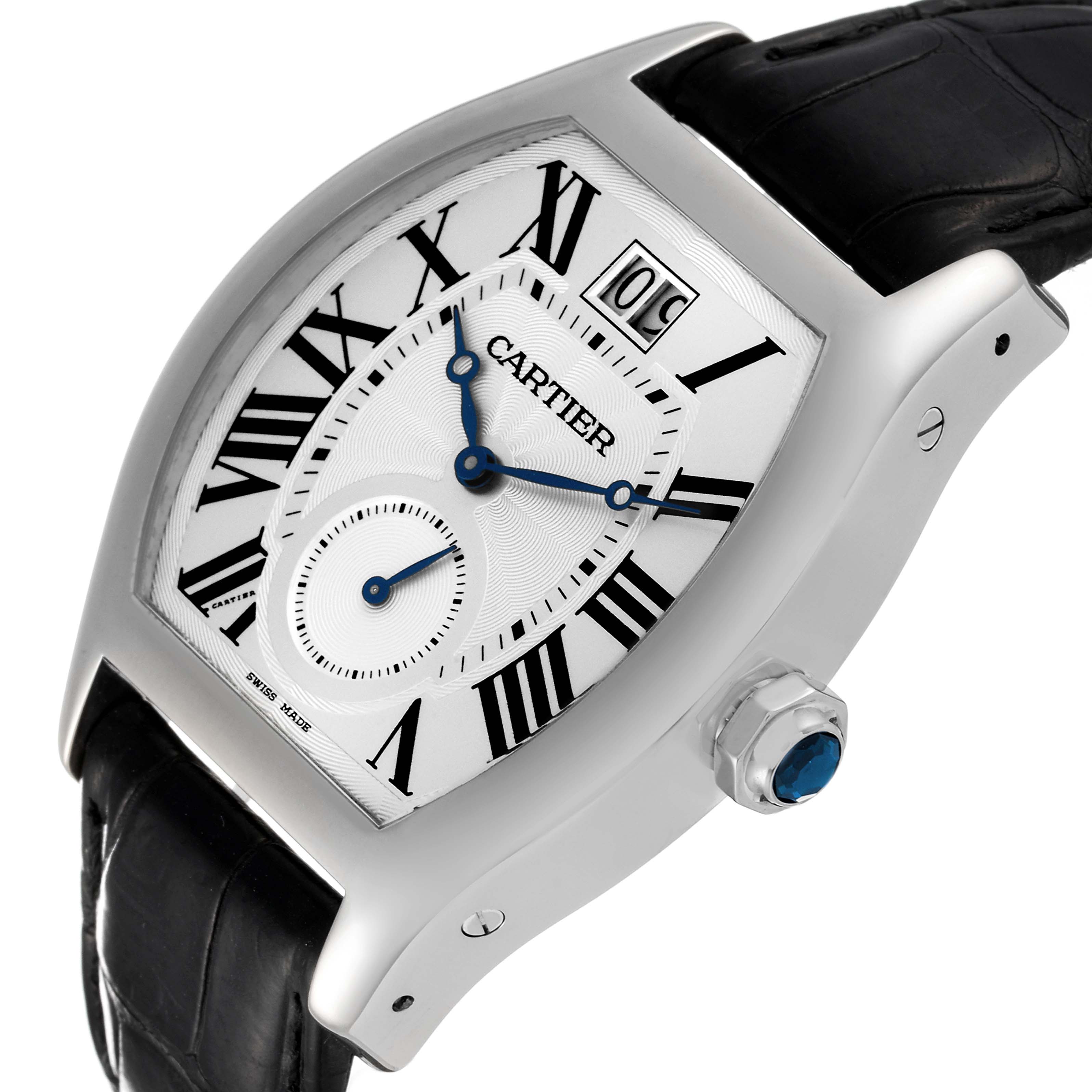 This image shows a close-up of the Cartier Tortue W1556233 Men's White Gold Silver Dial W1556233 Men's White Gold Silver Dial watch displaying the dial, date window, crown, and part of the leather strap.