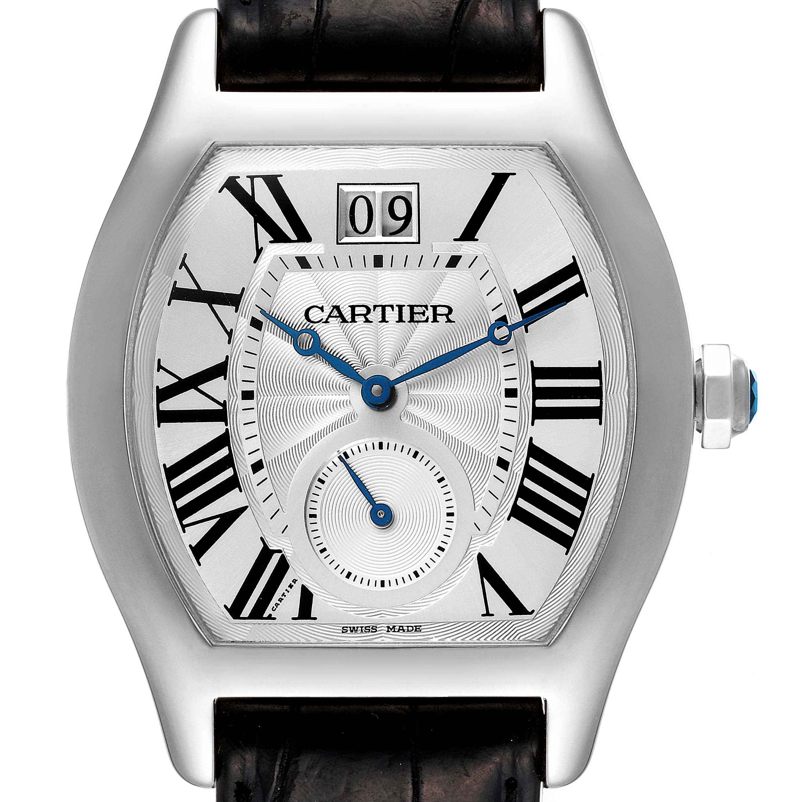 This image shows a front view of the face of a Cartier Tortue W1556233 Men's White Gold Silver Dial W1556233 Men's White Gold Silver Dial watch, featuring Roman numerals, blue hands, and a date display.