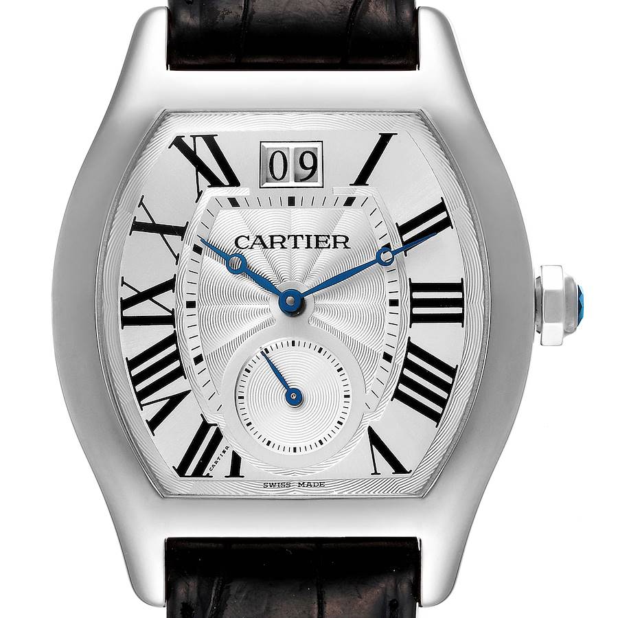 Cartier Tortue XL White Gold Flinque Dial Mens Watch W1556233 Box Papers SwissWatchExpo