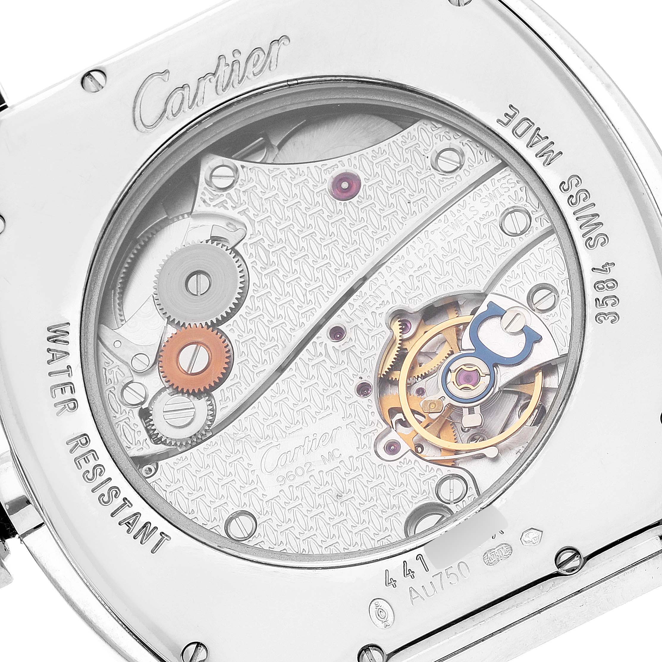 This image shows the intricate inner workings of the Tortue model watch by Cartier, viewed through its transparent case back.