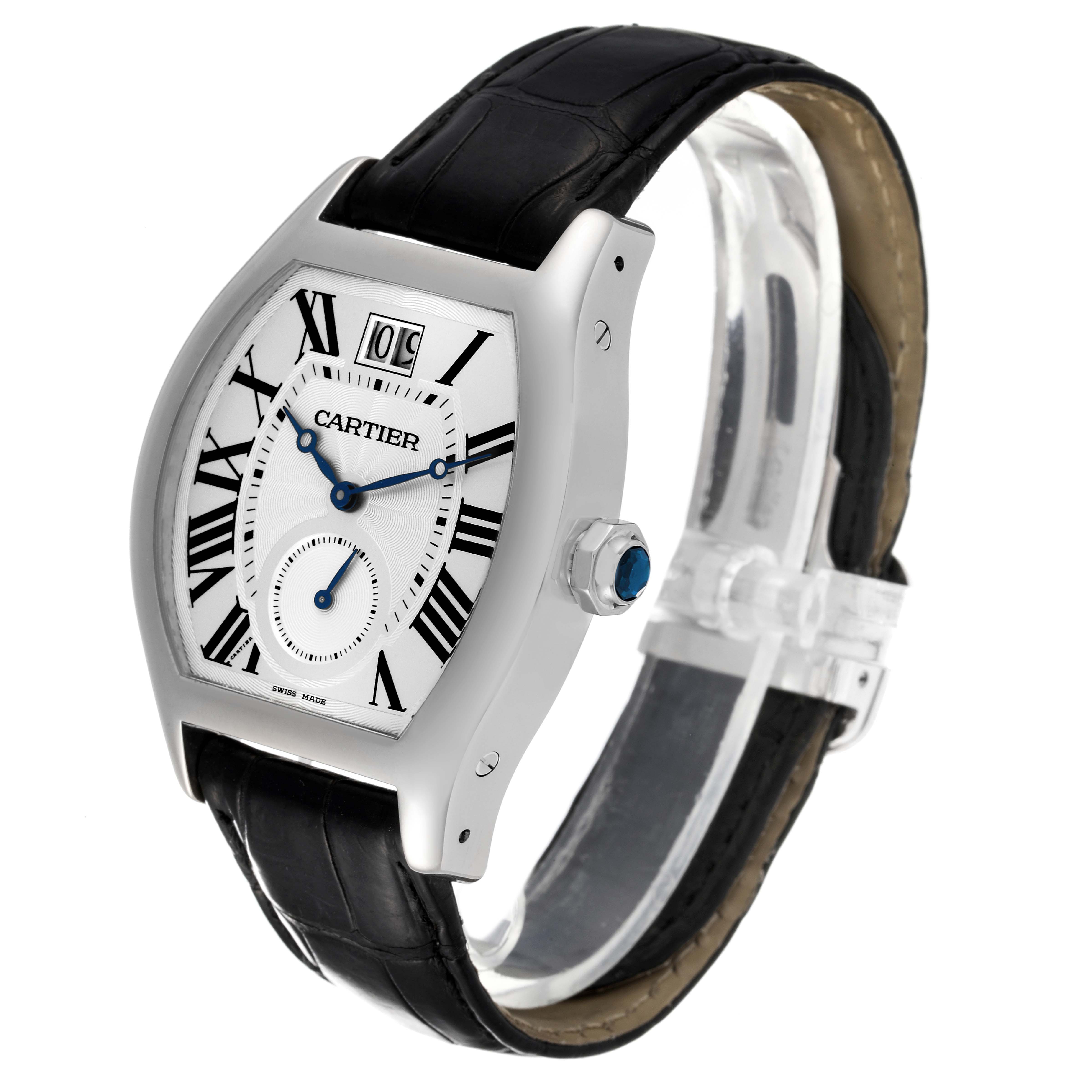 The Cartier Tortue W1556233 Men's White Gold Silver Dial W1556233 Men's White Gold Silver Dial watch is shown at a three-quarter angle, highlighting the face, crown, and strap.