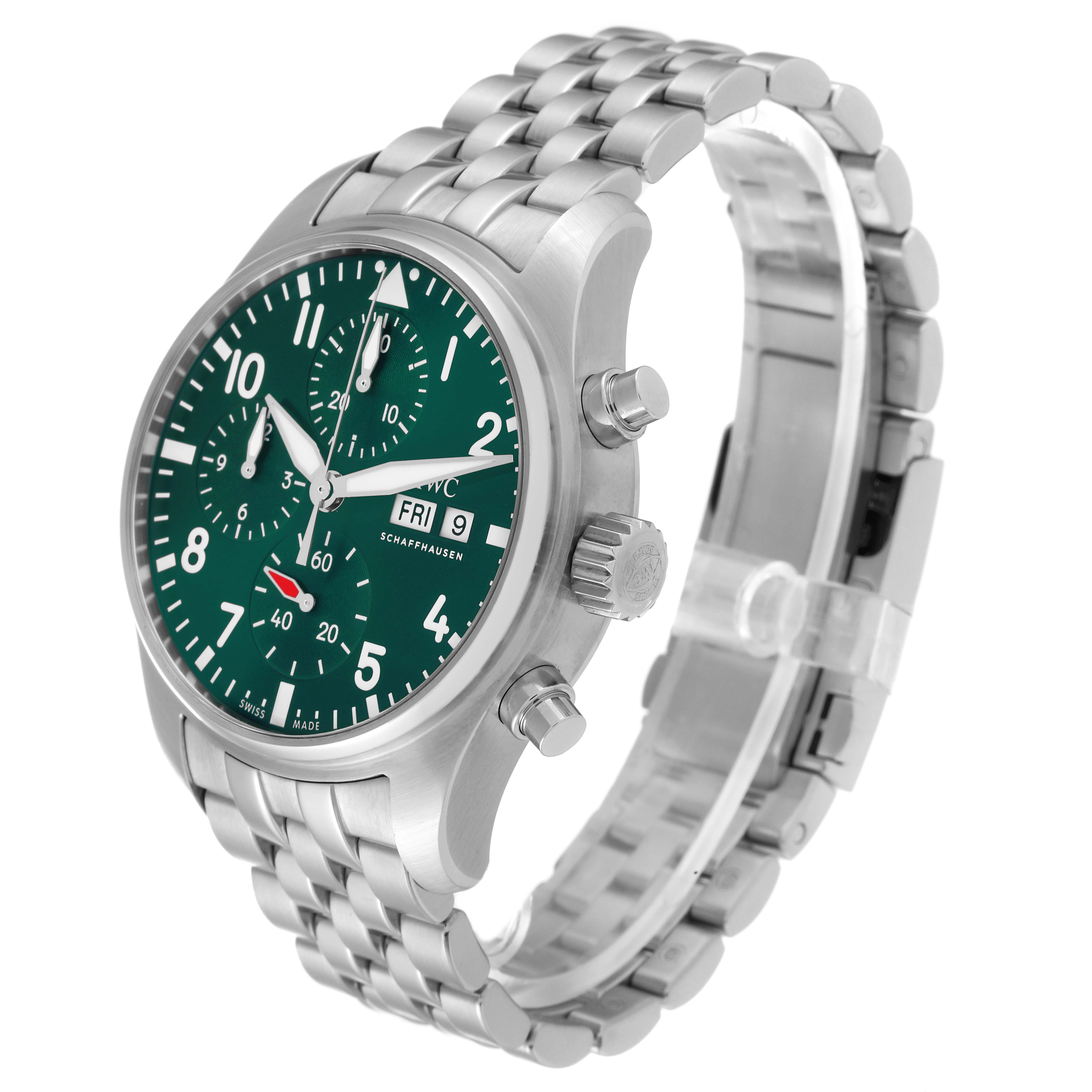 The IWC Pilot IW388104 Men's Stainless Steel Green Dial IW388104 Men's Stainless Steel Green Dial model watch is shown at a three-quarter angle, displaying its face, crown, and stainless steel bracelet.