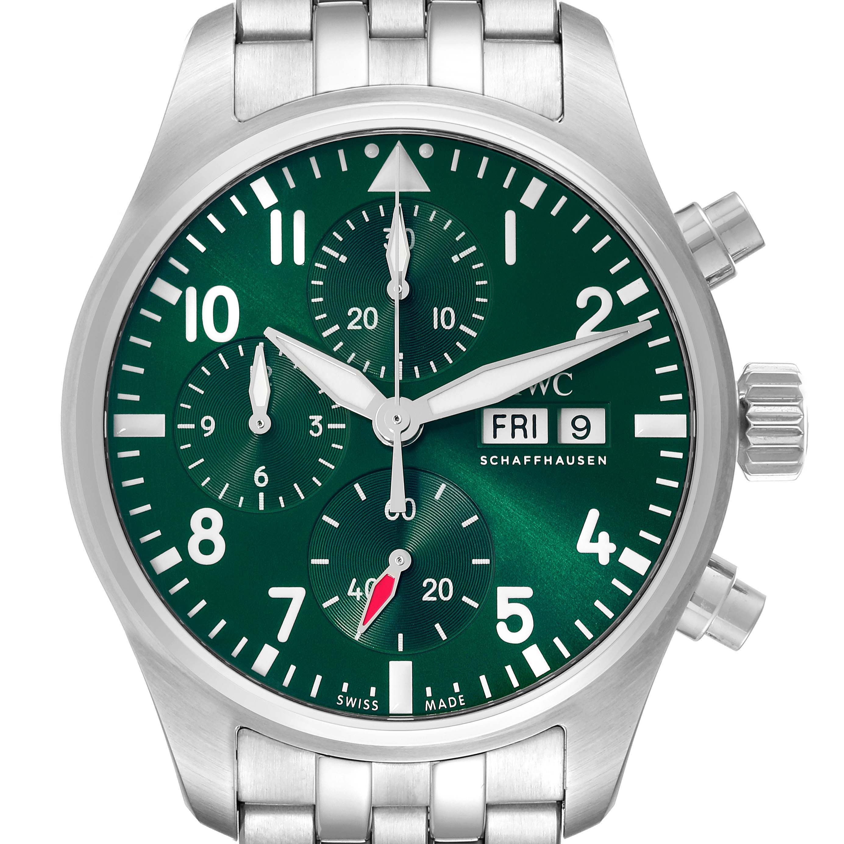 The image shows the front view of an IWC Pilot IW388104 Men's Stainless Steel Green Dial IW388104 Men's Stainless Steel Green Dial model watch with a green dial and silver case and bracelet.
