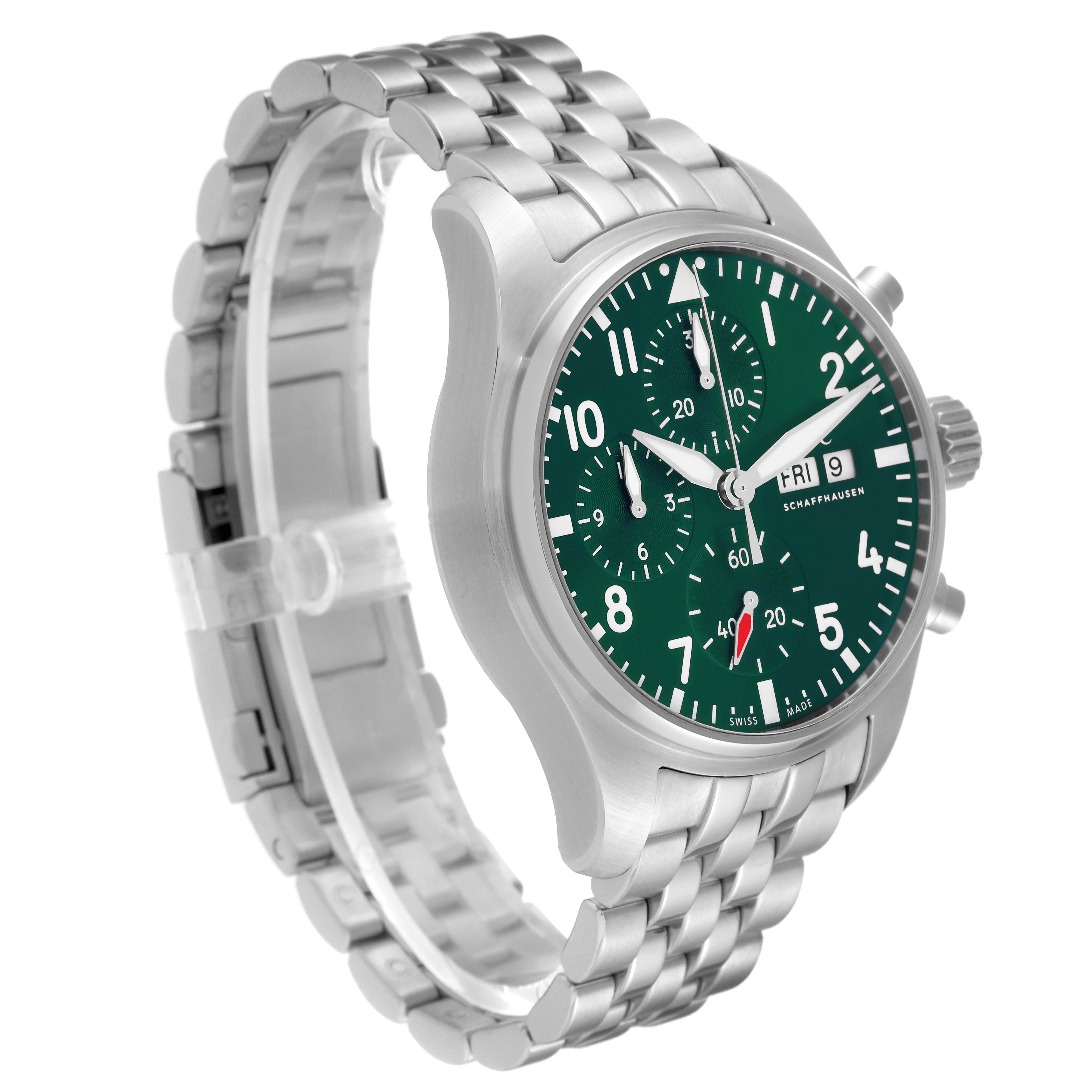 This image shows a side angle of the IWC Pilot IW388104 Men's Stainless Steel Green Dial IW388104 Men's Stainless Steel Green Dial model watch, highlighting its green dial, stainless steel bracelet, and chronograph functions.