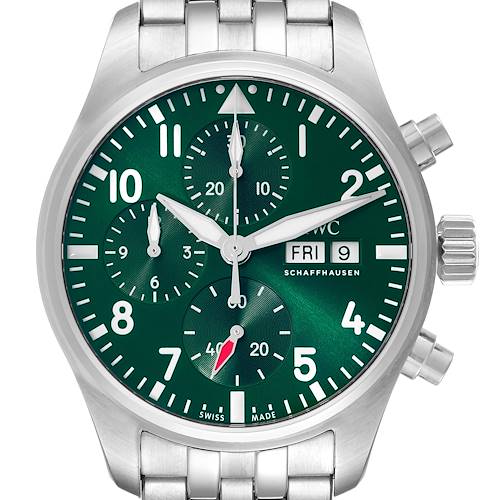 Photo of IWC Pilot Chronograph 41 Green Dial Steel Mens Watch IW388104 Box Card