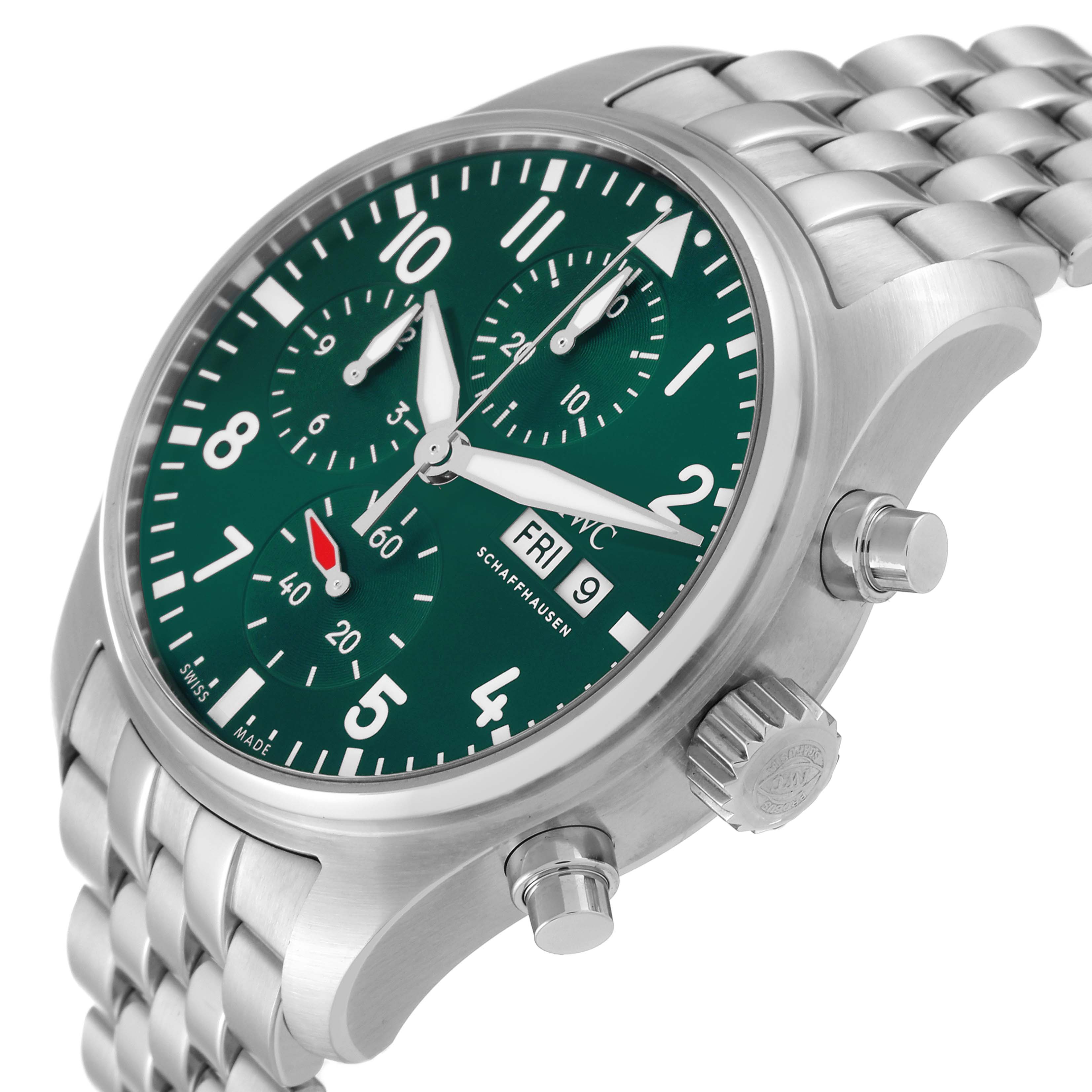 The image shows the face and side of an IWC Pilot IW388104 Men's Stainless Steel Green Dial IW388104 Men's Stainless Steel Green Dial model watch, displaying the bracelet, crown, and push buttons.