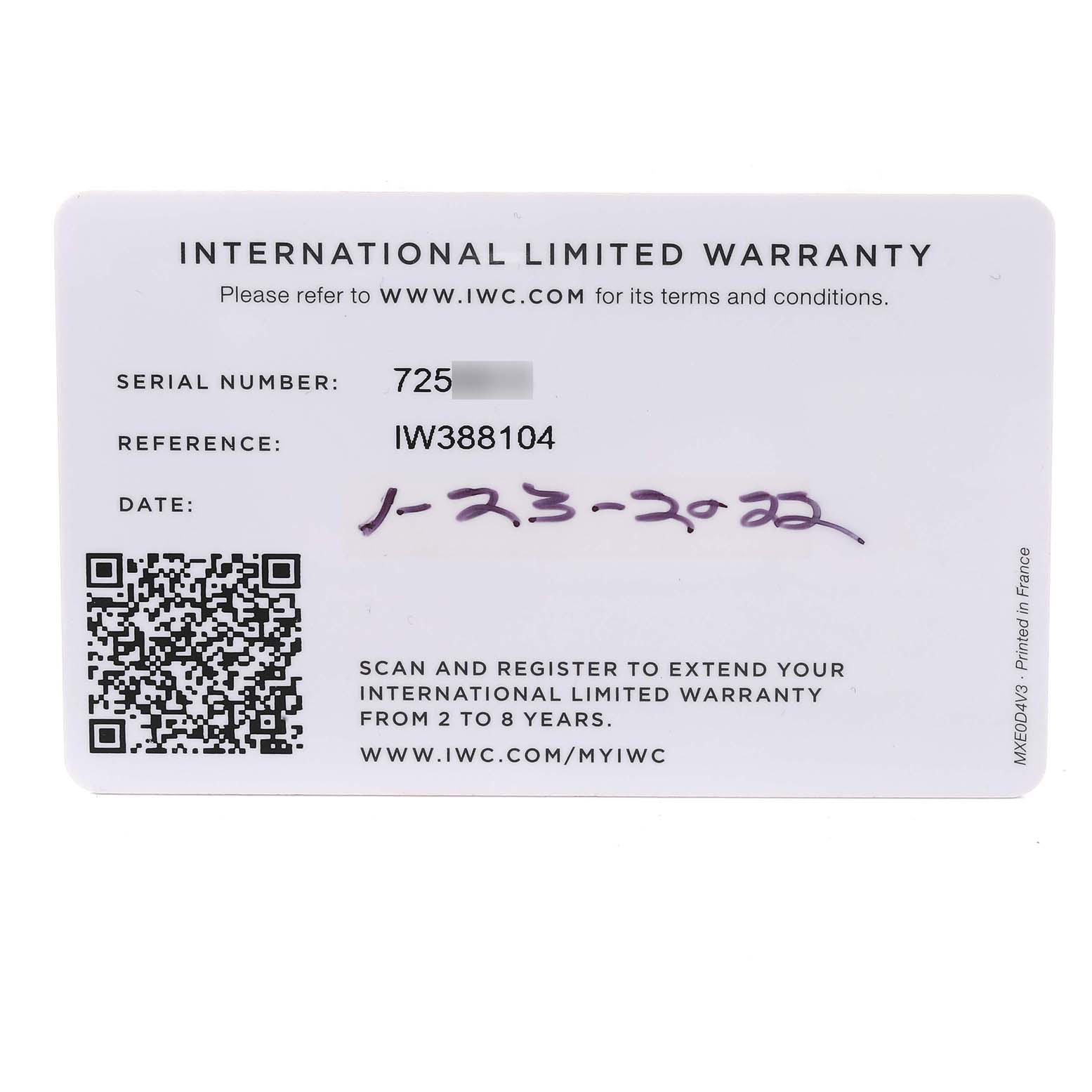 The image shows the warranty card for an IWC Pilot IW388104 Men's Stainless Steel Green Dial IW388104 Men's Stainless Steel Green Dial model with details like serial number, reference number, and date.