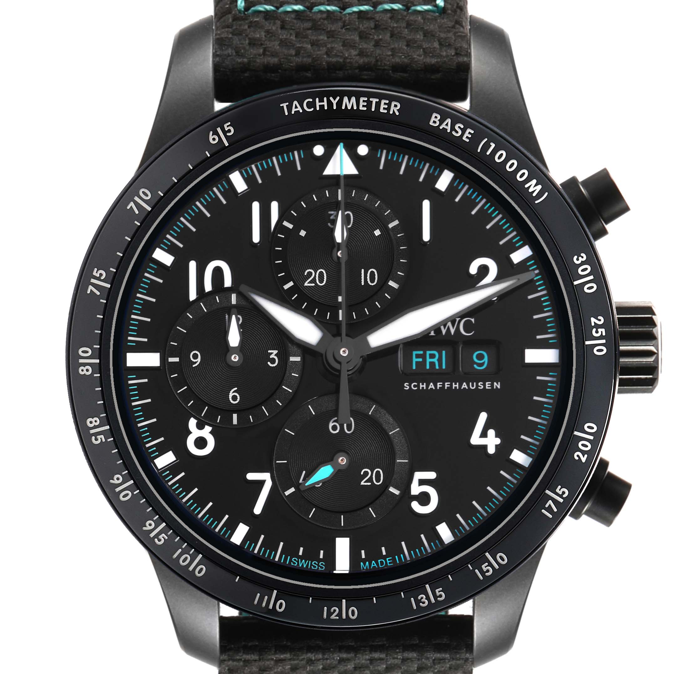 The IWC Pilot IW388306 Men's Ceramic Black Dial watch is shown from the front, featuring the dial, hands, subdials, and tachymeter bezel.