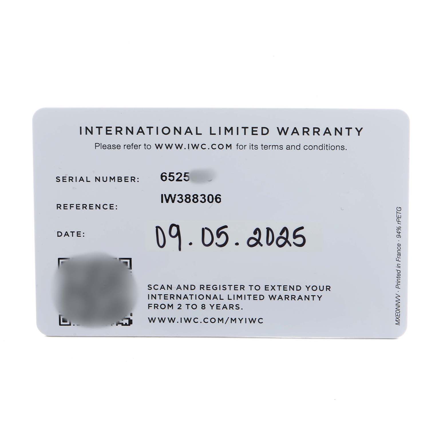 The image shows a warranty card for the IWC Pilot IW388306 Men's Ceramic Black Dial model watch.