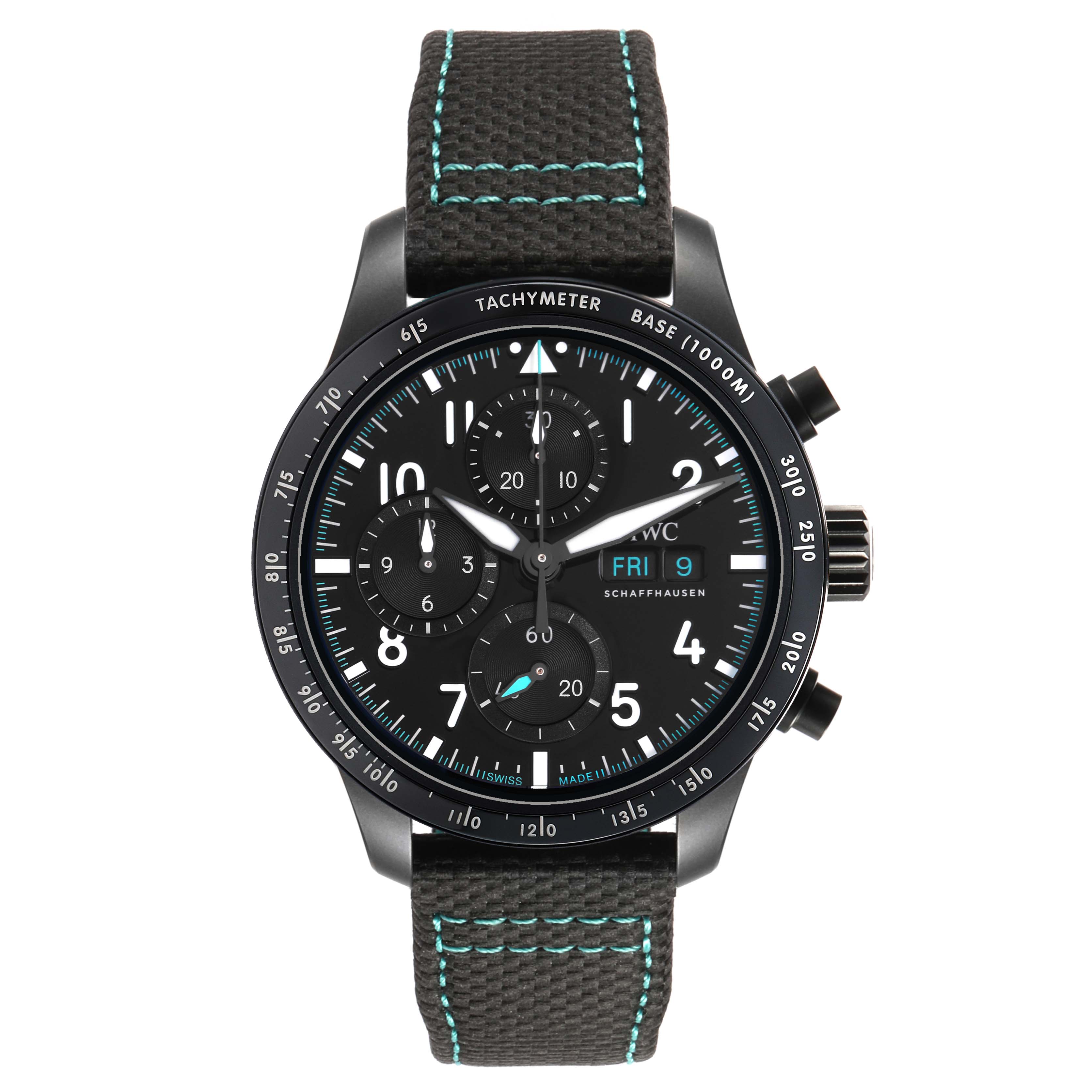 The IWC Pilot IW388306 Men's Ceramic Black Dial watch is shown from a front angle, highlighting the face, tachymeter, subdials, and strap.