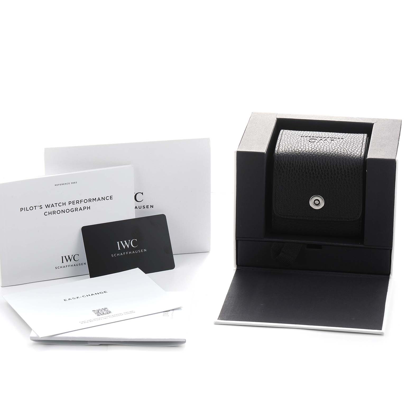 The IWC Pilot IW388306 Men's Ceramic Black Dial model is shown with its box, cards, and documentation viewed from a front angle.