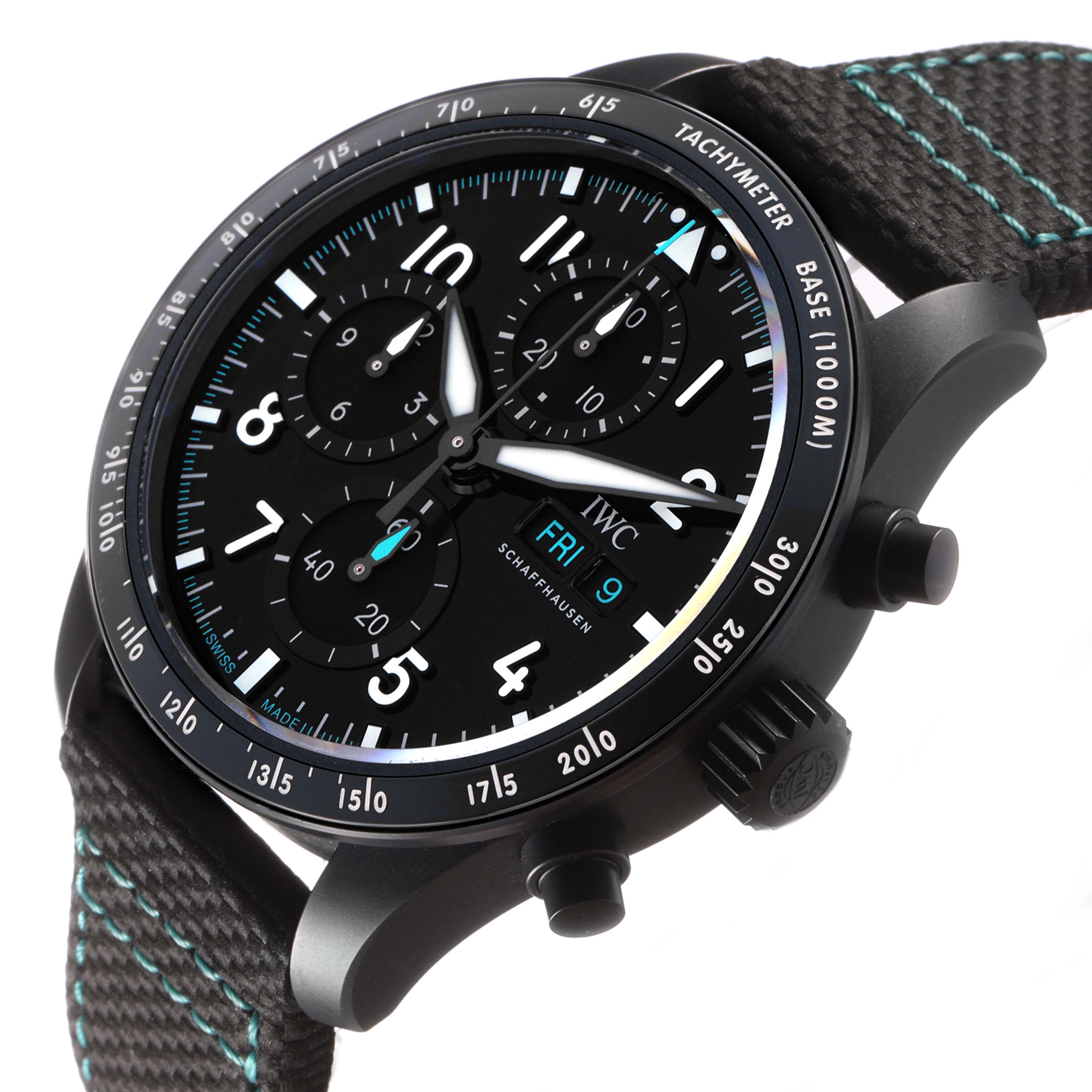 The IWC Pilot IW388306 Men's Ceramic Black Dial watch is shown at an angle displaying the face, bezel, crown, pushers, and part of the strap.