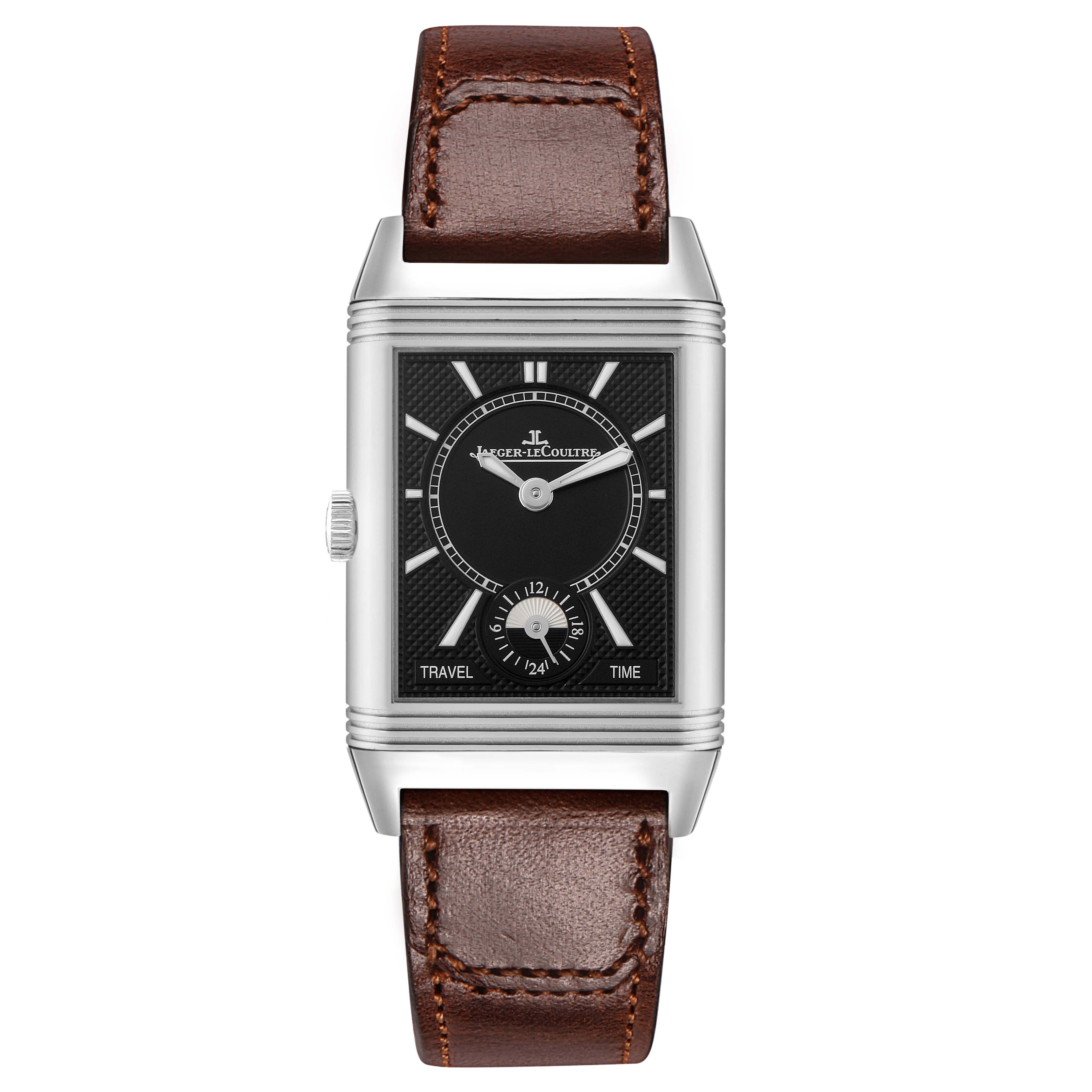 The Jaeger-LeCoultre Reverso watch is shown from the front, displaying its rectangular dial and brown leather strap.