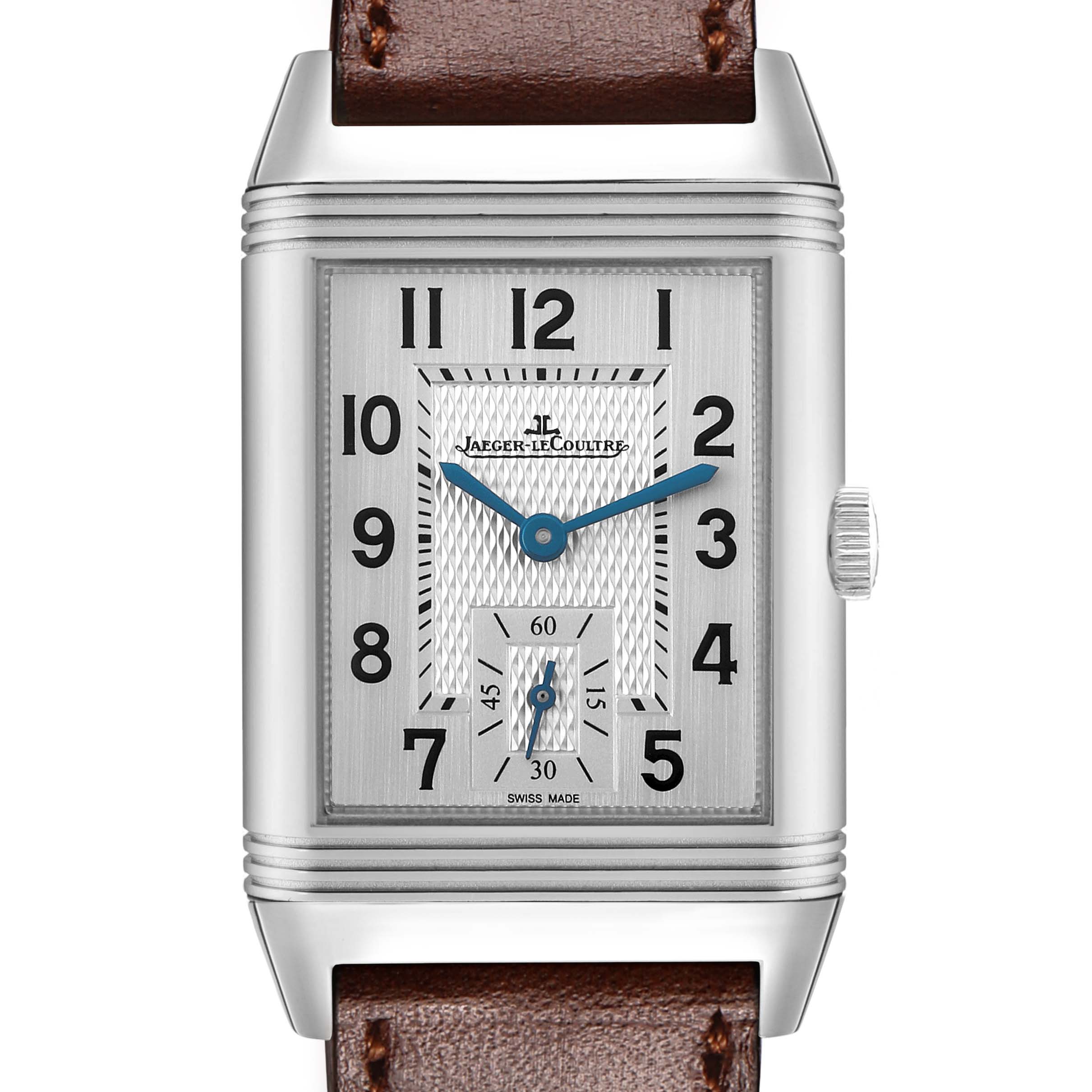 The Jaeger-LeCoultre Reverso watch is shown from a front angle, highlighting the face, crown, and part of the leather strap.