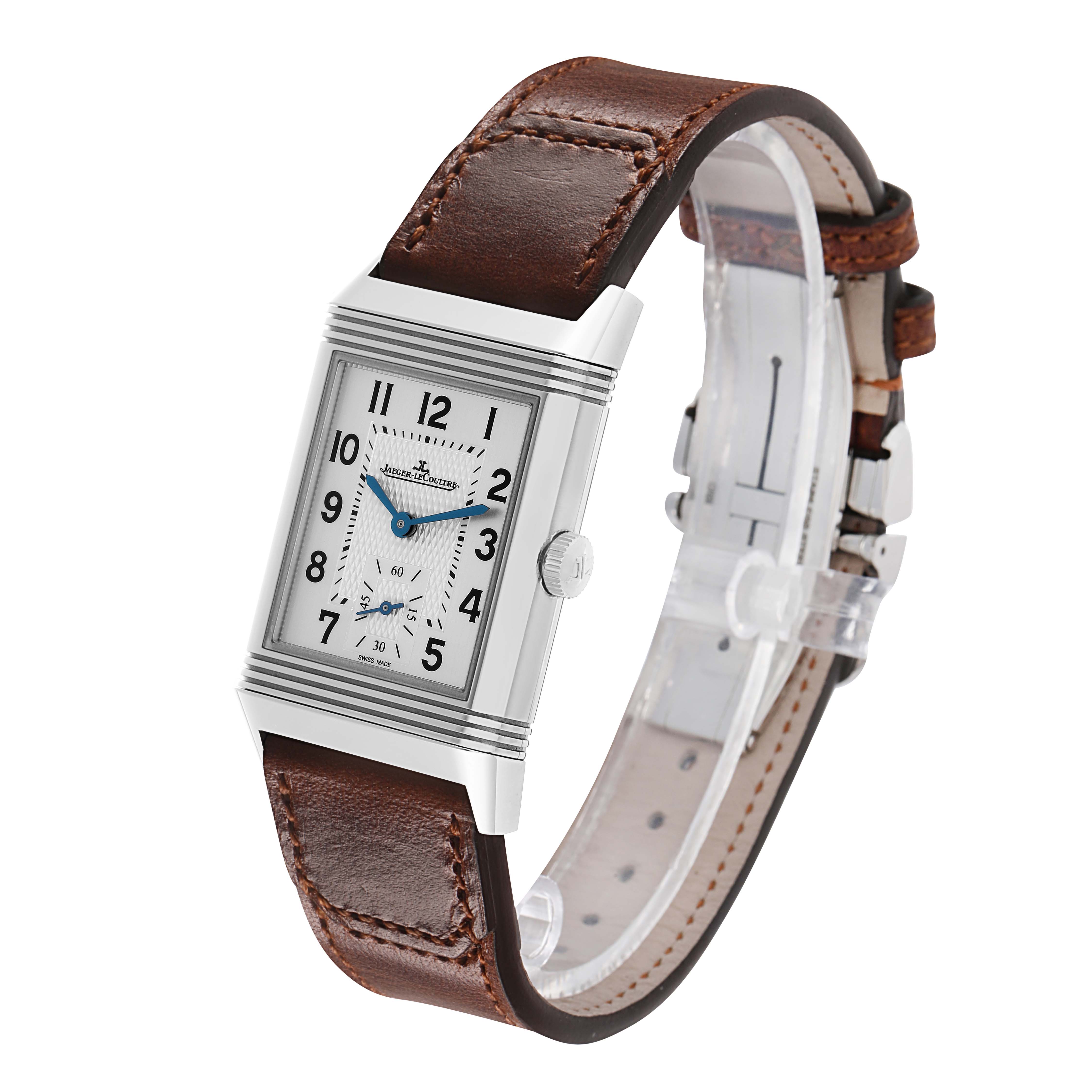 The Jaeger LeCoultre Reverso Q2458422 Men's Stainless Steel Silver Dial watch is shown at a slight angle, highlighting the rectangular face, leather strap, and side crown.