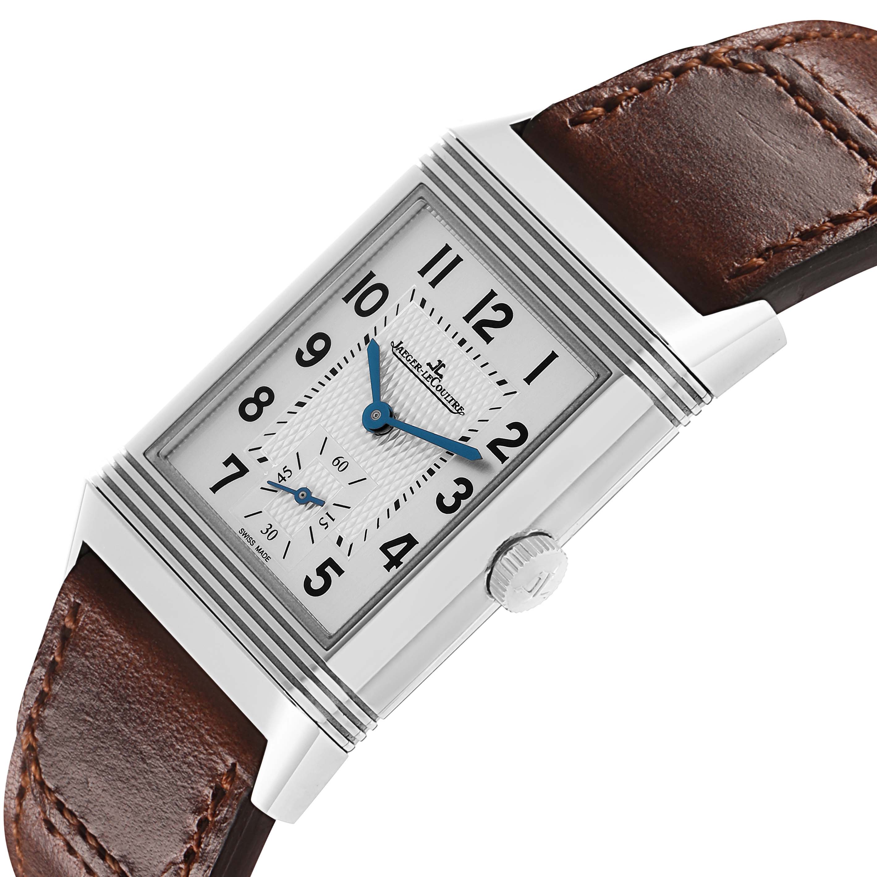 The Jaeger LeCoultre Reverso Q2458422 Men's Stainless Steel Silver Dial watch is shown at an angled top view, highlighting its case, dial, and crown with a brown leather strap.