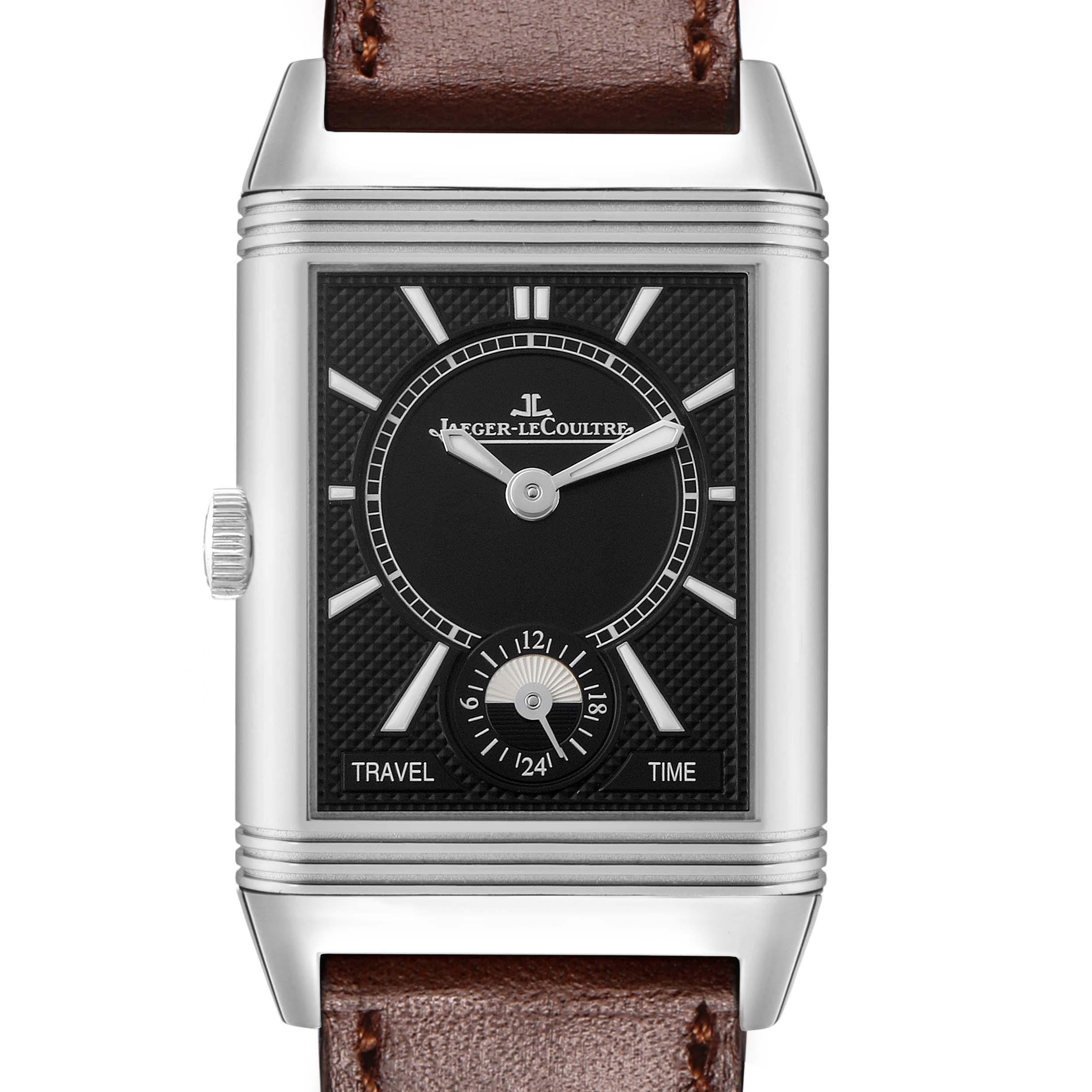 The image shows a frontal view of the Jaeger LeCoultre Reverso Q2458422 Men's Stainless Steel Silver Dial watch, displaying the dial and crown, with a glimpse of the leather strap.