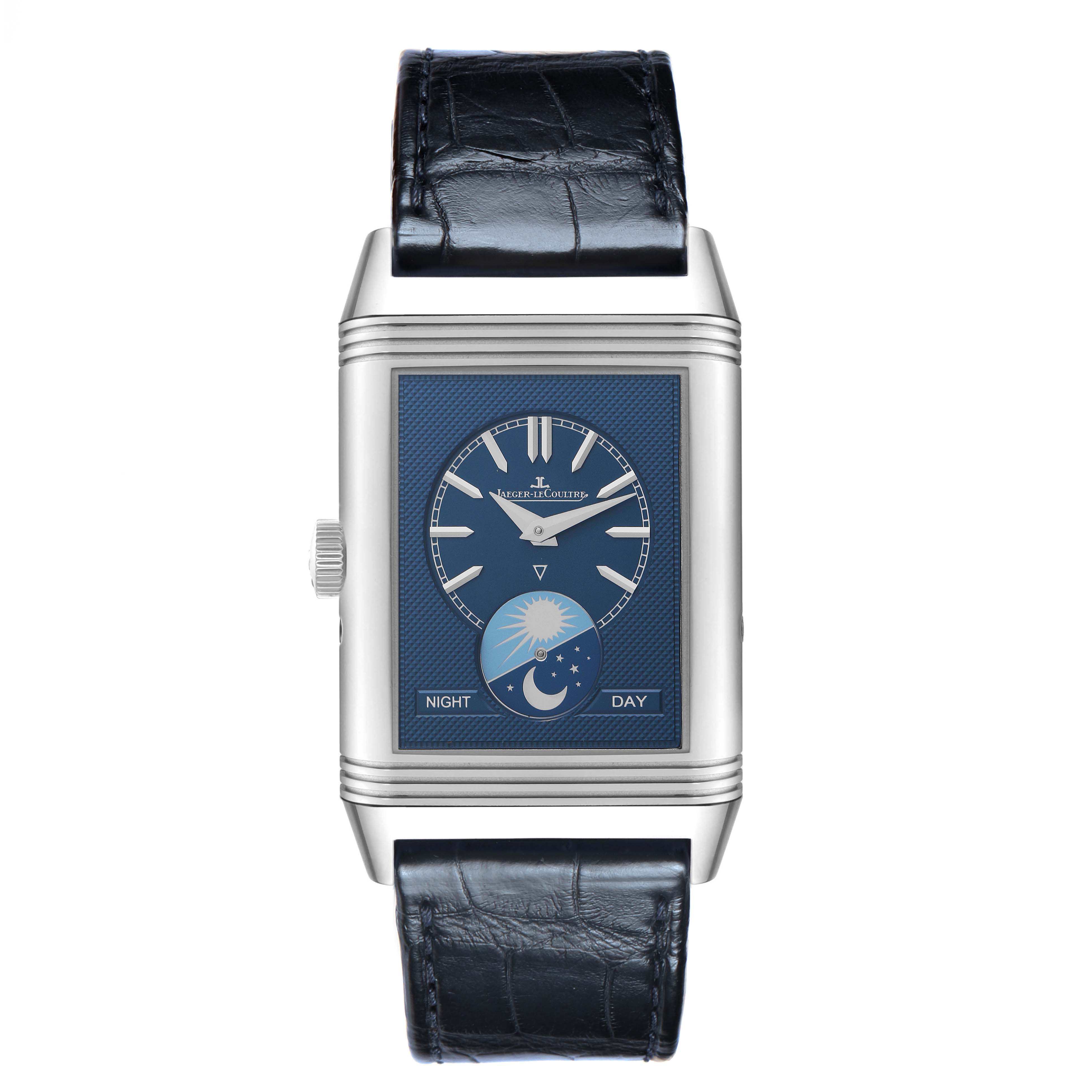 The Jaeger-LeCoultre Reverso watch is shown from the front, displaying the dial and leather strap.