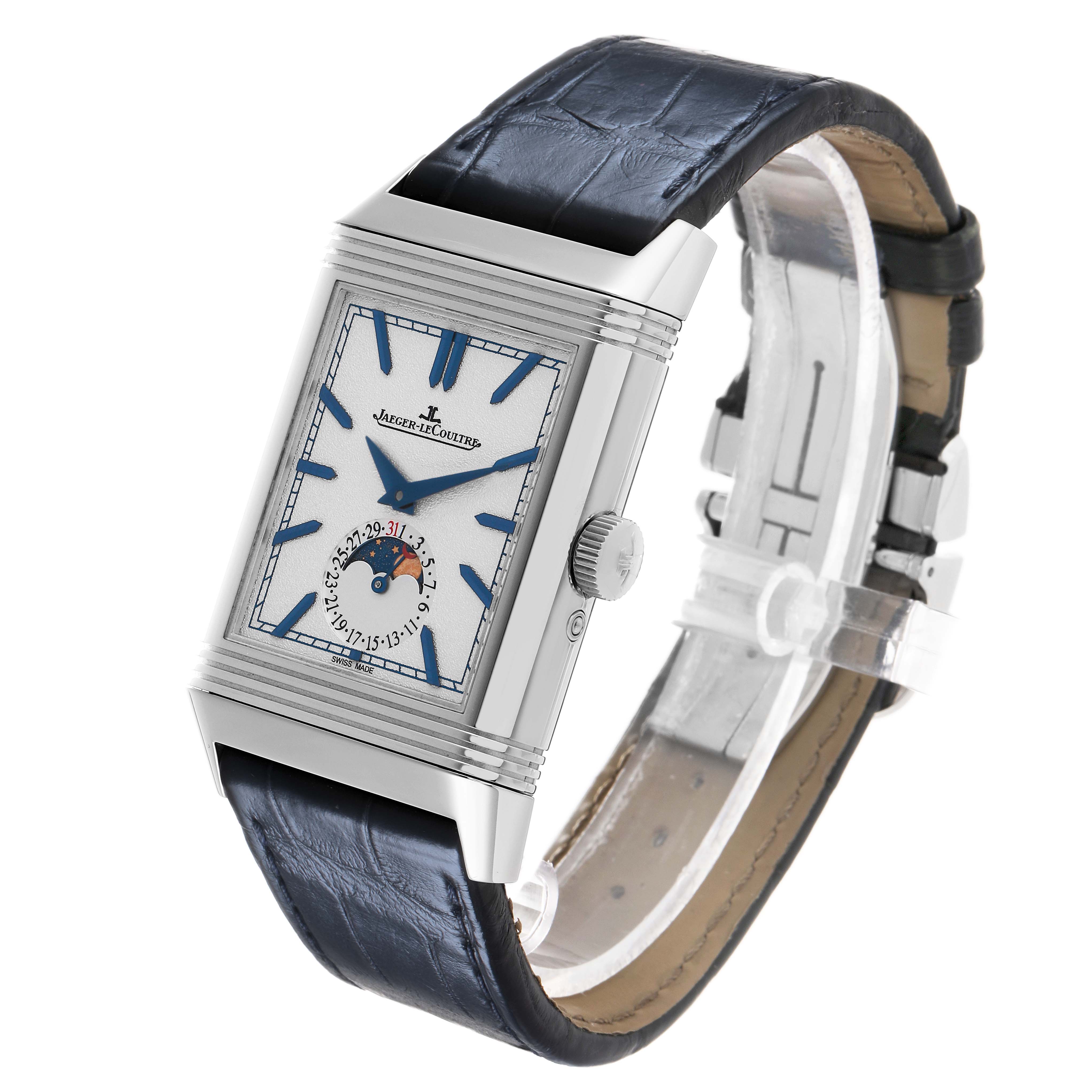 The Jaeger-LeCoultre Reverso watch is shown from a three-quarter angle, highlighting the face, case, and leather strap.