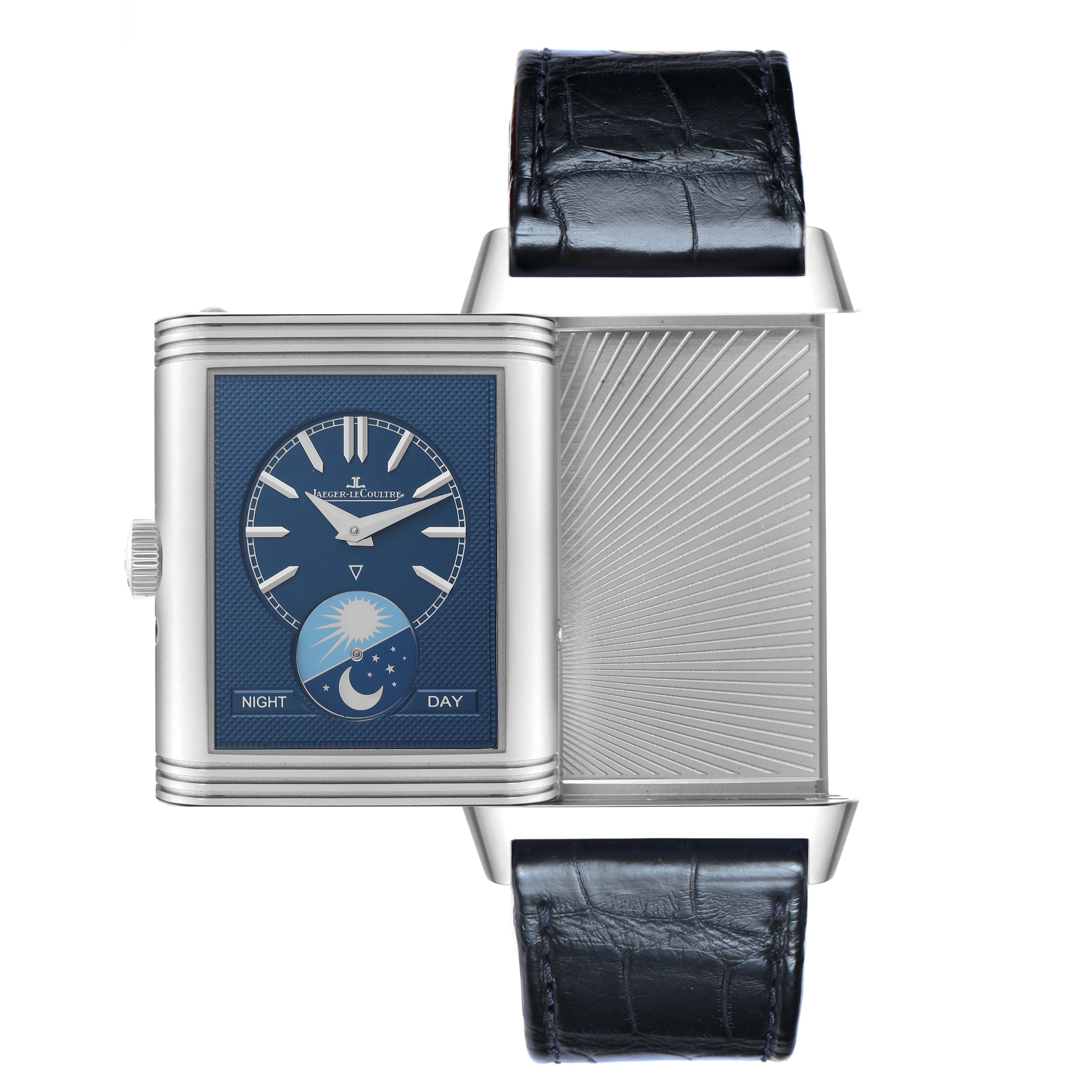 The Jaeger-LeCoultre Reverso watch is shown from the front with the case swiveled open, displaying both dials and strap.