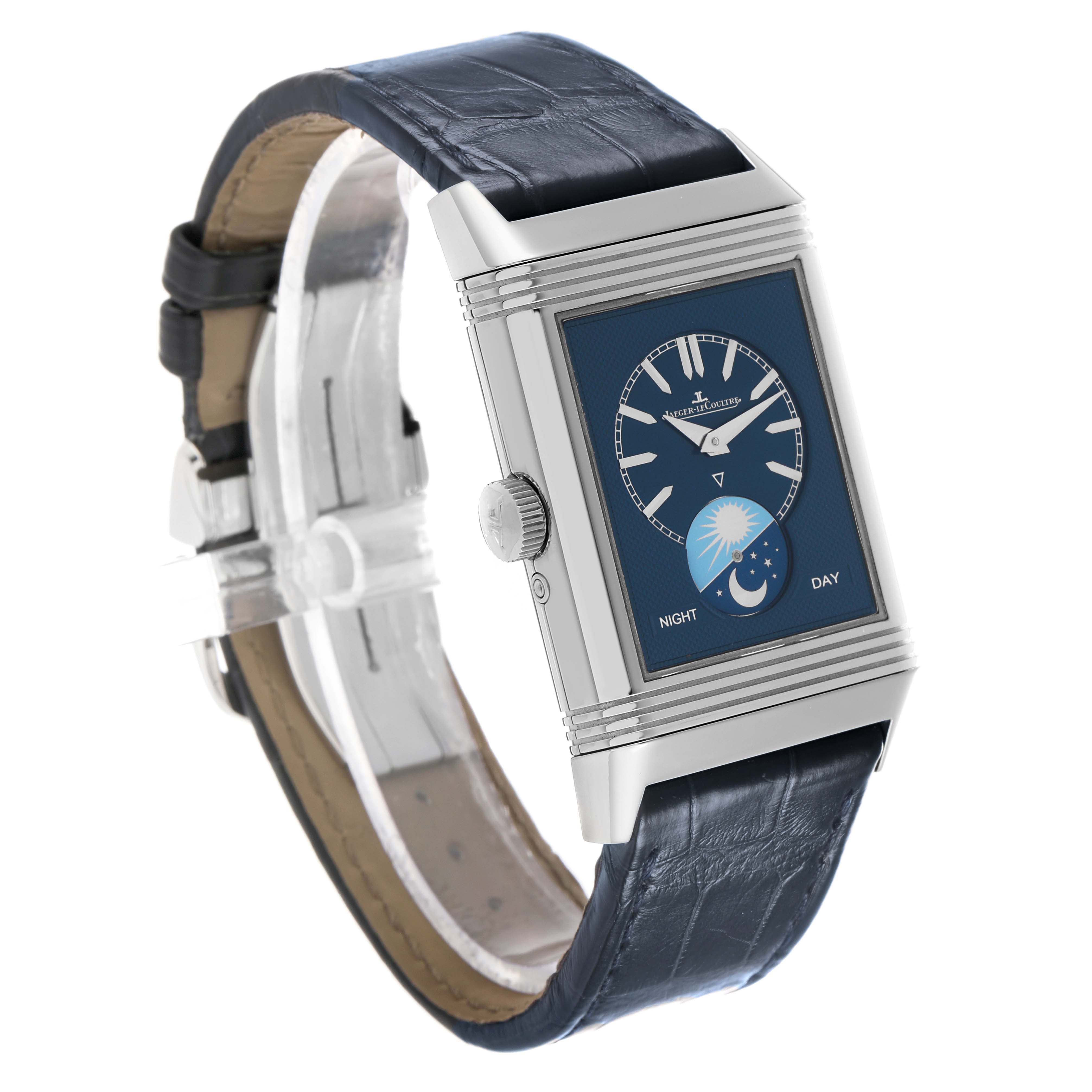The Jaeger LeCoultre Reverso Q3958420 Men's Stainless Steel Silver Dial watch is shown at a three-quarter angle, highlighting its rectangular face and leather strap.