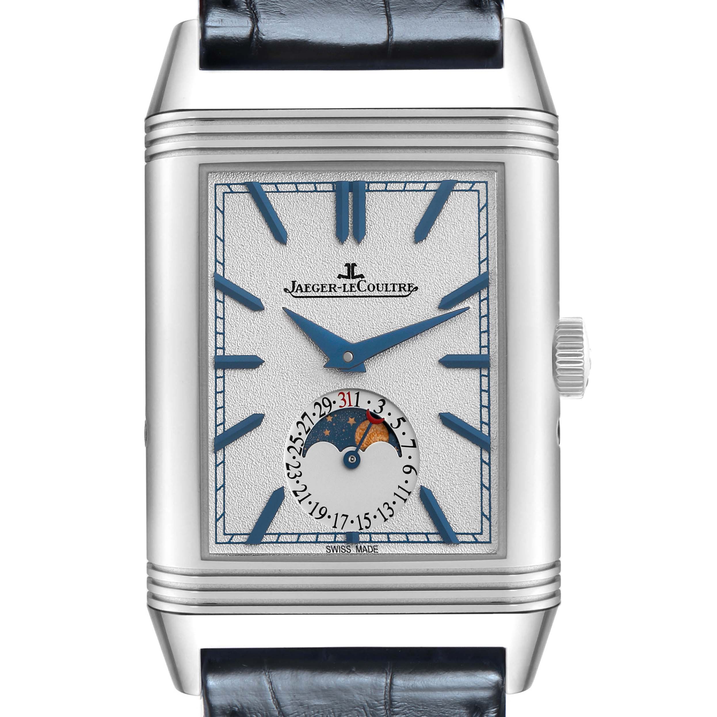 The Jaeger-LeCoultre Reverso model is shown from the front, displaying its dial, hands, and moon phase complication.