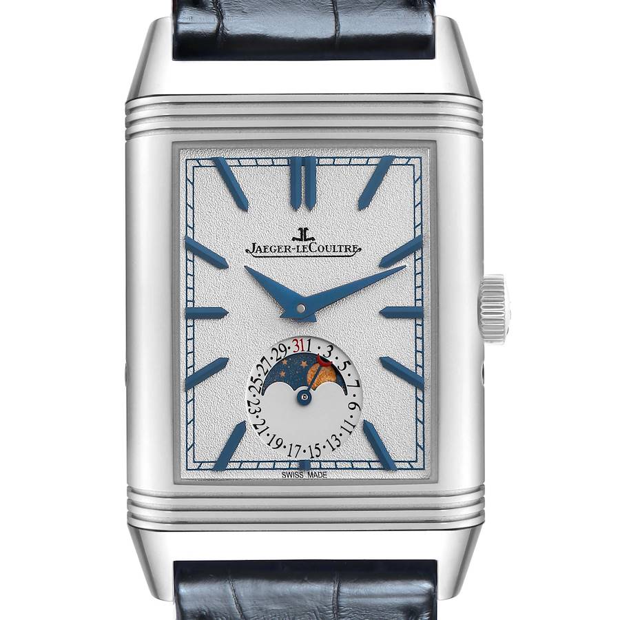 The Jaeger-LeCoultre Reverso model is shown from the front, displaying its dial, hands, and moon phase complication.