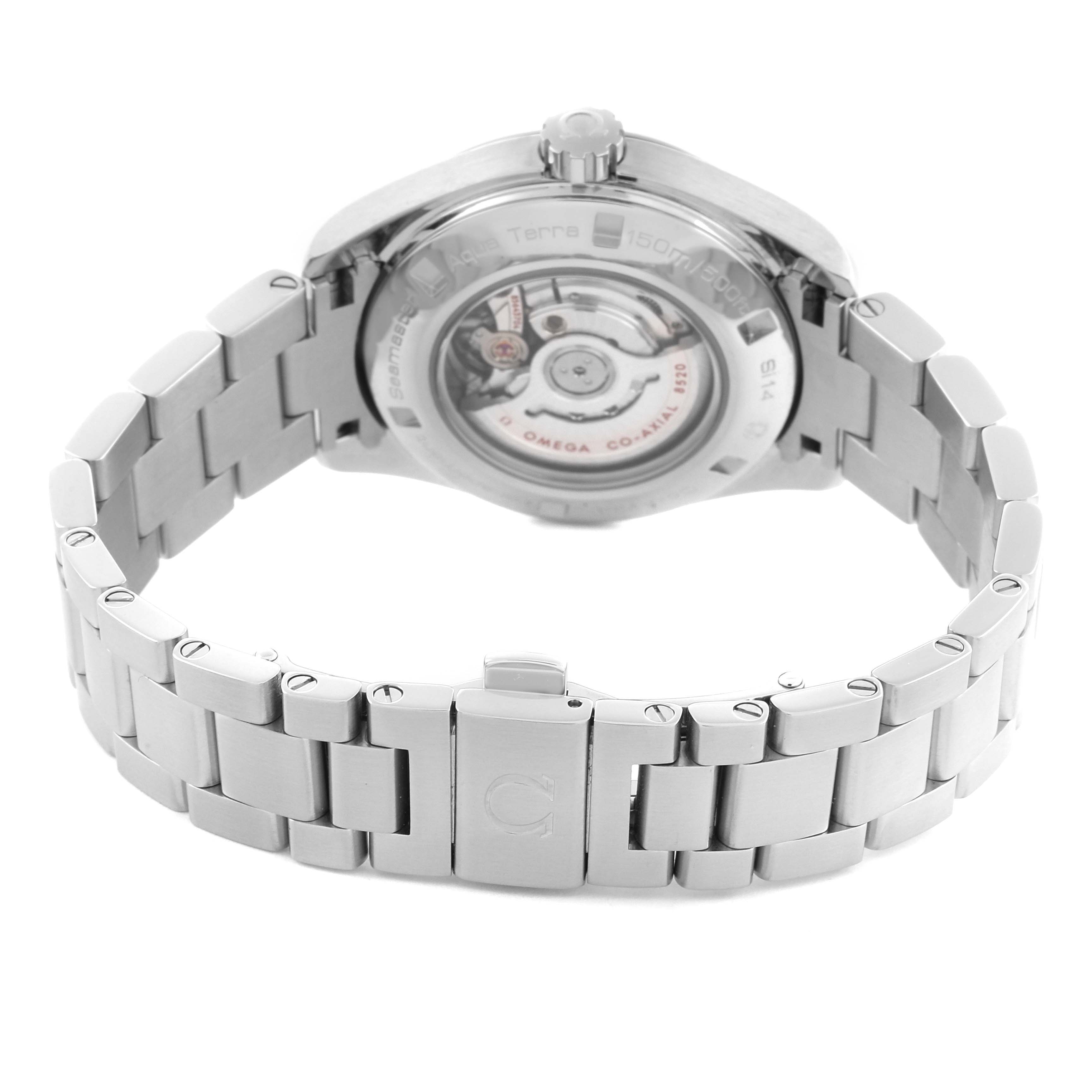 The image shows the back and bracelet of the Omega 231.10.34.20.04.001 Women's Stainless Steel Silver Dial 231.10.34.20.04.001 Women's Stainless Steel Silver Dial Aqua Terra 34 Ladies Watch 231.10.34.20.04.001, highlighting the movement.