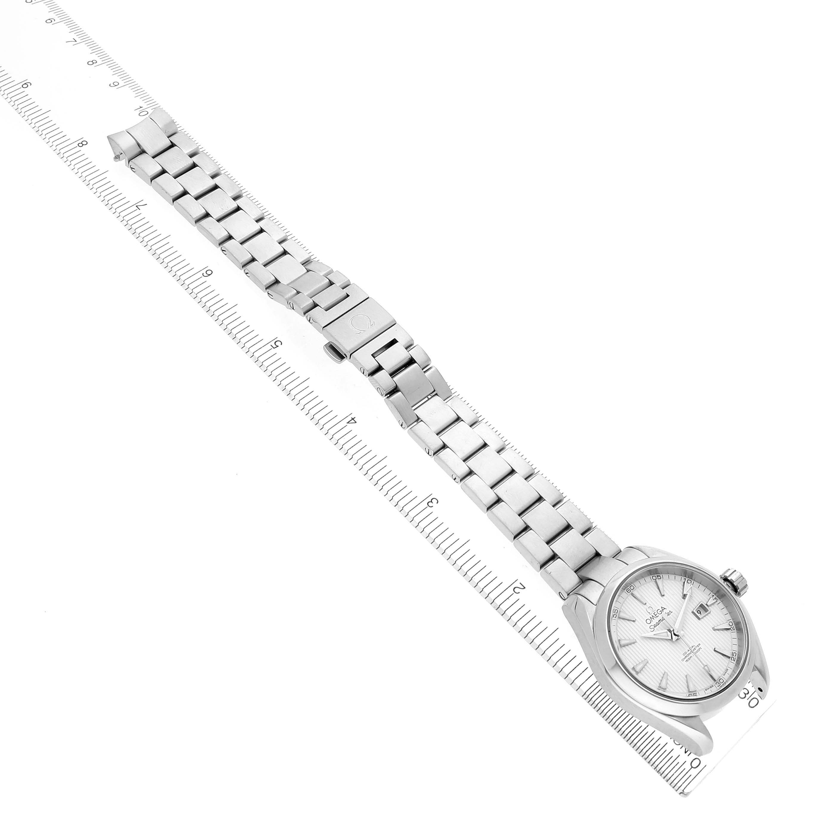 The Omega 231.10.34.20.04.001 Women's Stainless Steel Silver Dial 231.10.34.20.04.001 Women's Stainless Steel Silver Dial Aqua Terra 34 Ladies Watch is shown at a diagonal angle, displaying the dial, bracelet, and clasp.