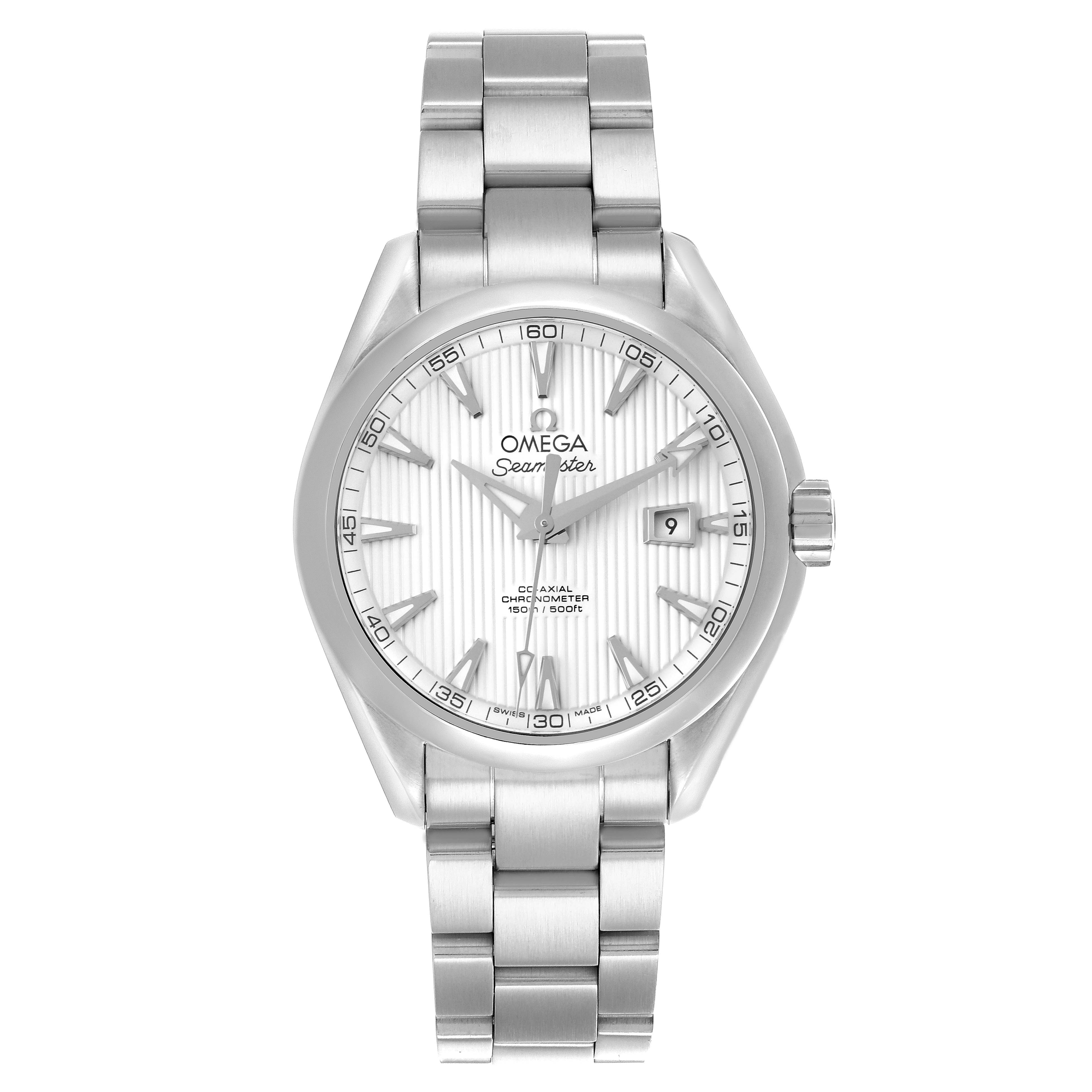 The Omega 231.10.34.20.04.001 Women's Stainless Steel Silver Dial 231.10.34.20.04.001 Women's Stainless Steel Silver Dial Aqua Terra 34 Ladies Watch is shown from a front angle, highlighting the dial, bezel, bracelet, and crown.