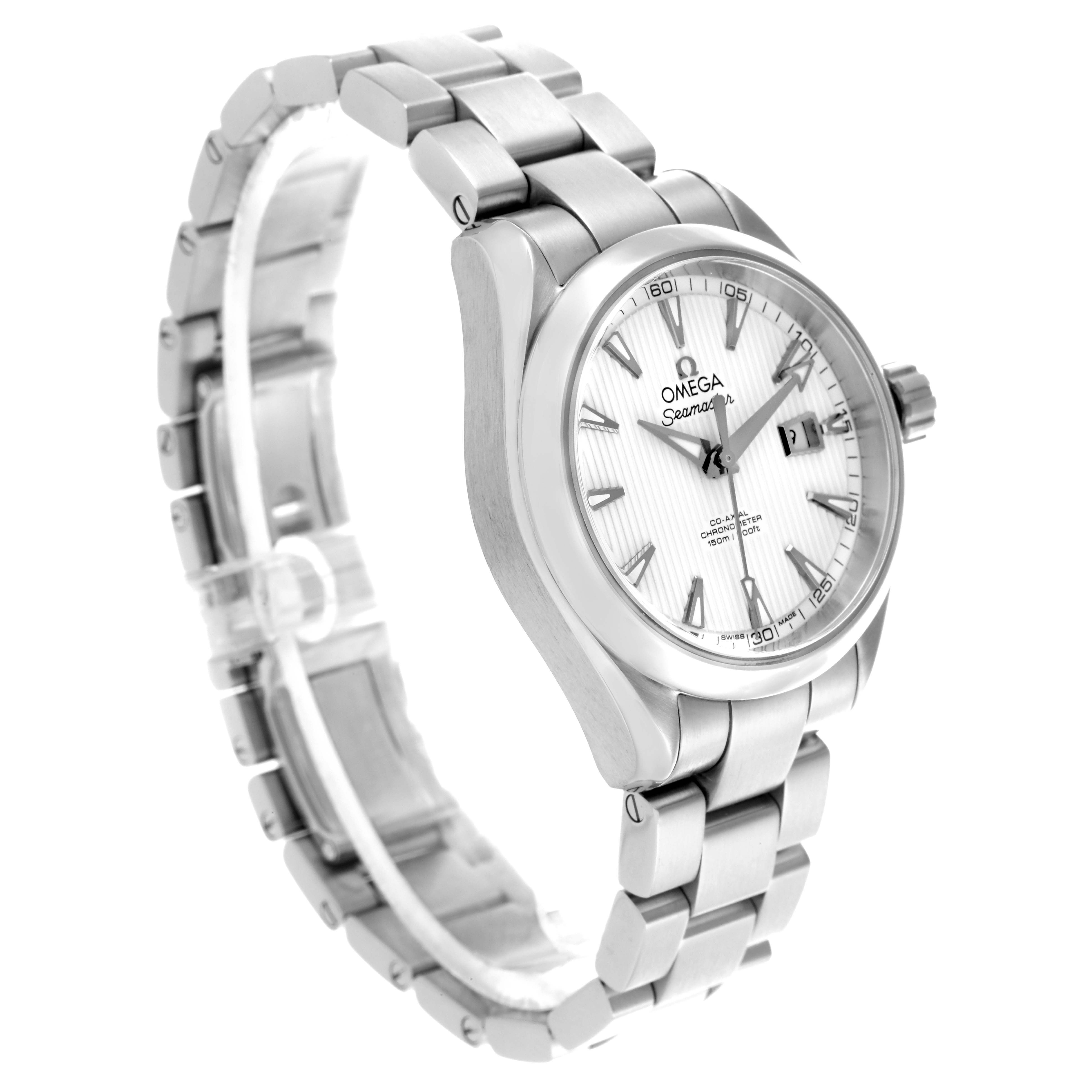 The Omega 231.10.34.20.04.001 Women's Stainless Steel Silver Dial 231.10.34.20.04.001 Women's Stainless Steel Silver Dial Aqua Terra 34 Ladies Watch is shown at a three-quarter angle, highlighting the dial, bezel, and bracelet.