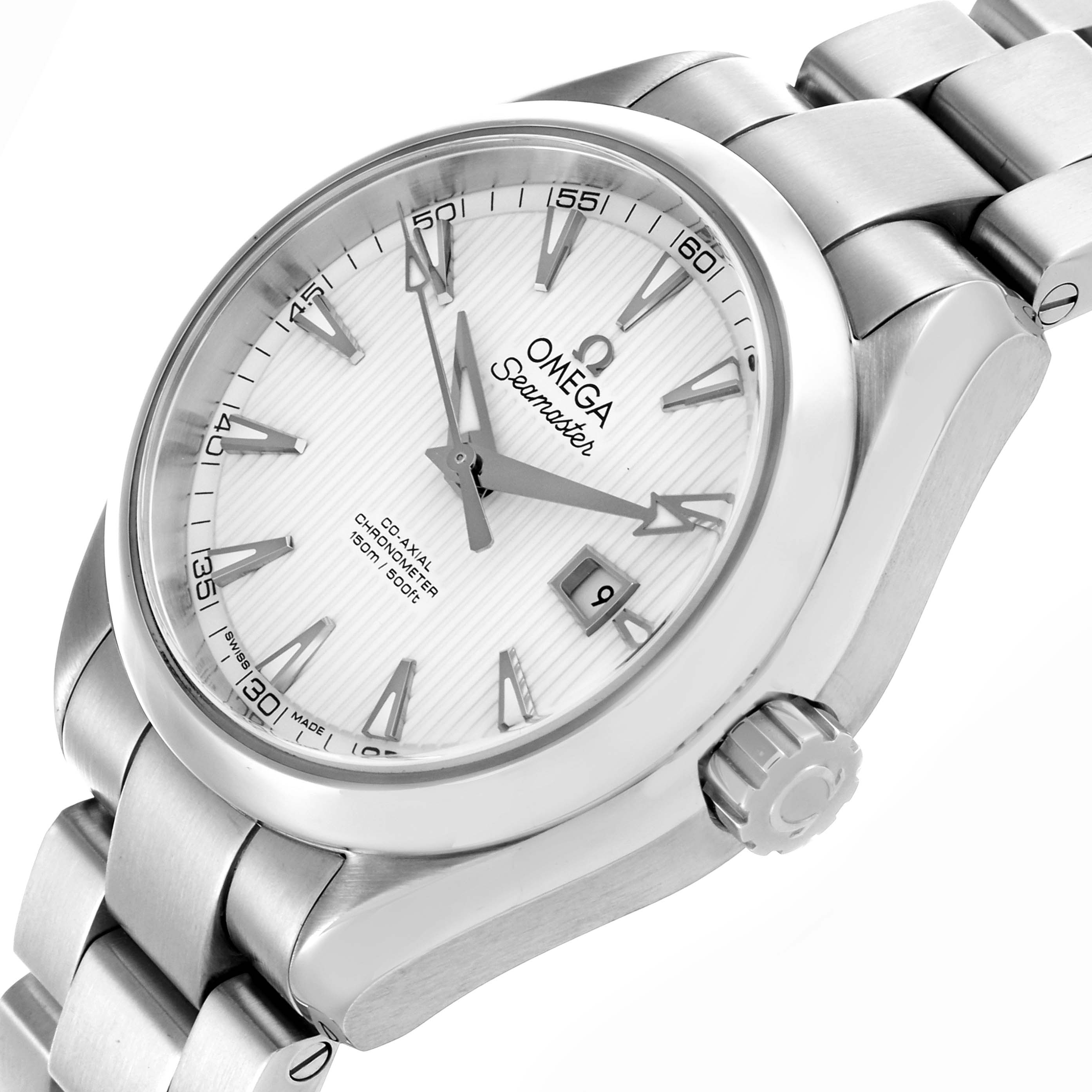The Omega 231.10.34.20.04.001 Women's Stainless Steel Silver Dial 231.10.34.20.04.001 Women's Stainless Steel Silver Dial Aqua Terra 34 Ladies Watch is shown at a slight side angle, featuring the dial, crown, and bracelet.