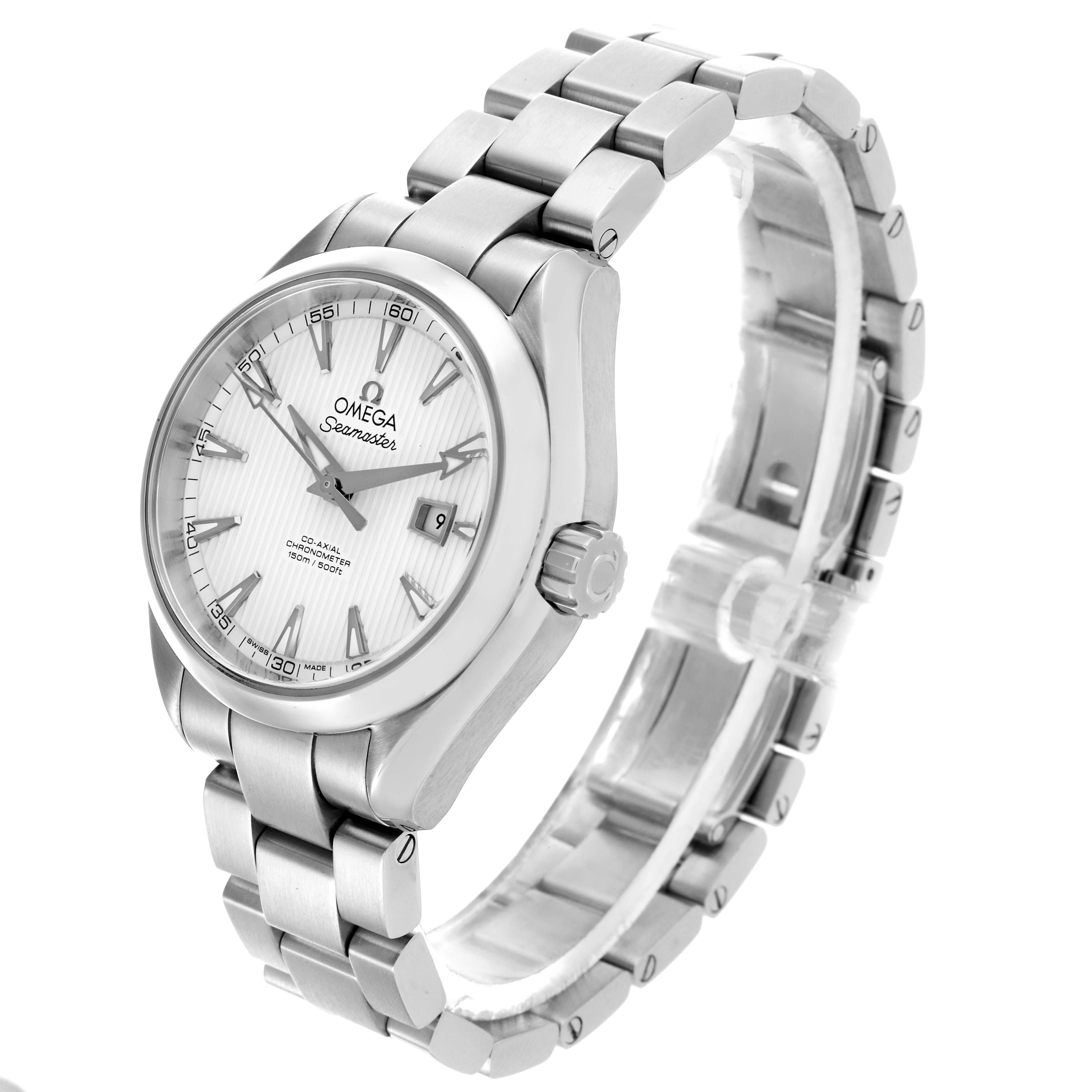 The Omega 231.10.34.20.04.001 Women's Stainless Steel Silver Dial 231.10.34.20.04.001 Women's Stainless Steel Silver Dial Aqua Terra 34 Ladies Watch is shown from a side angle, highlighting the bracelet, face, and crown.
