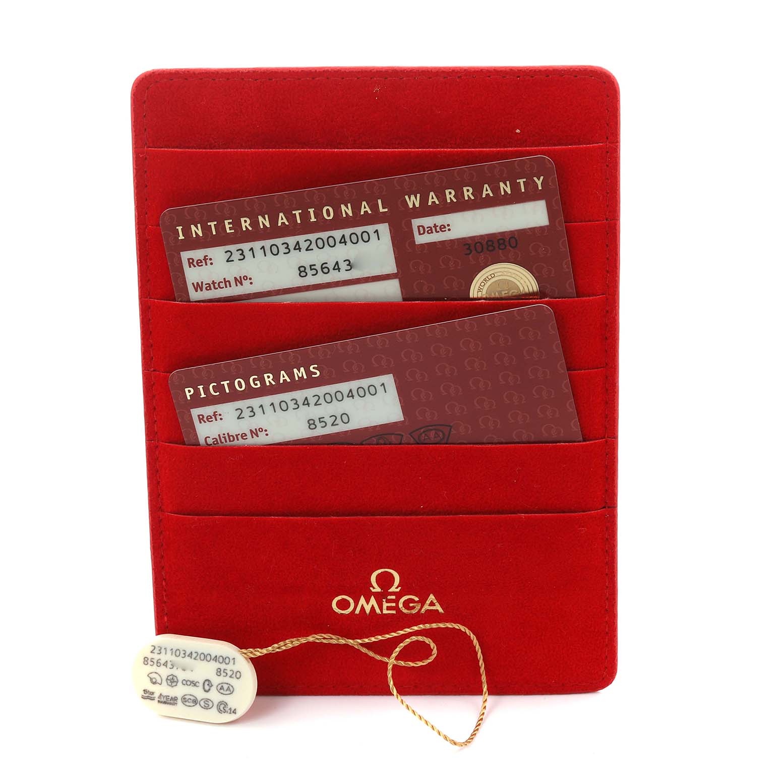 The image shows Omega 231.10.34.20.04.001 Women's Stainless Steel Silver Dial 231.10.34.20.04.001 Women's Stainless Steel Silver Dial Aqua Terra 34 Ladies Watch 231.10.34.20.04.001 cards and a tag in a red cardholder.