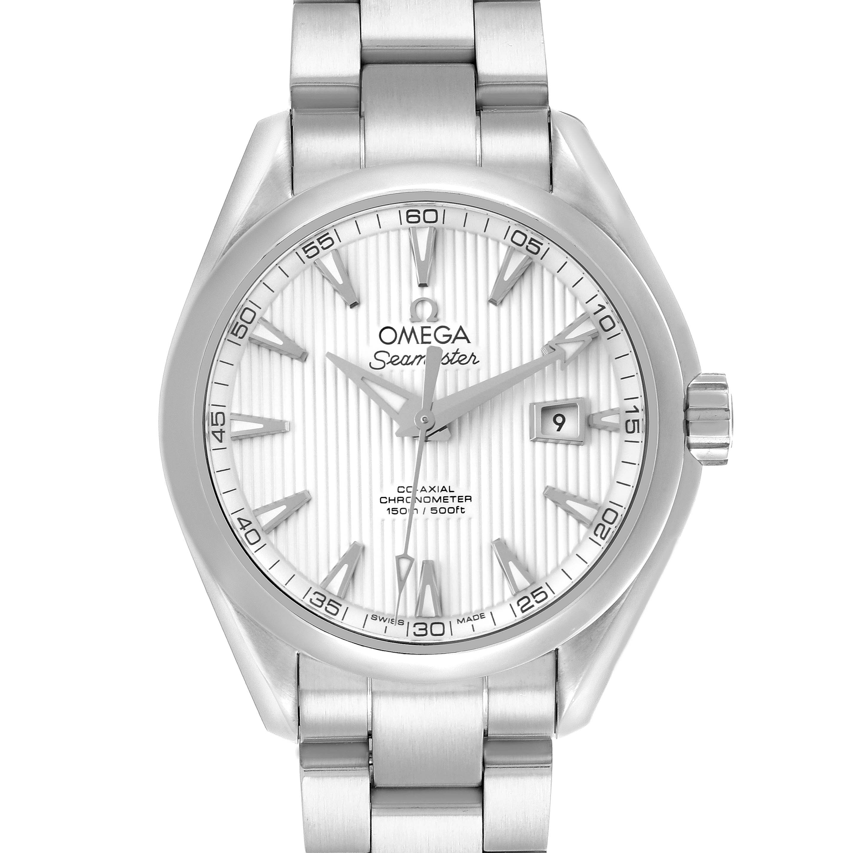 The Omega 231.10.34.20.04.001 Women's Stainless Steel Silver Dial 231.10.34.20.04.001 Women's Stainless Steel Silver Dial Aqua Terra 34 Ladies Watch model is shown from the front, displaying the dial, hands, and bracelet.