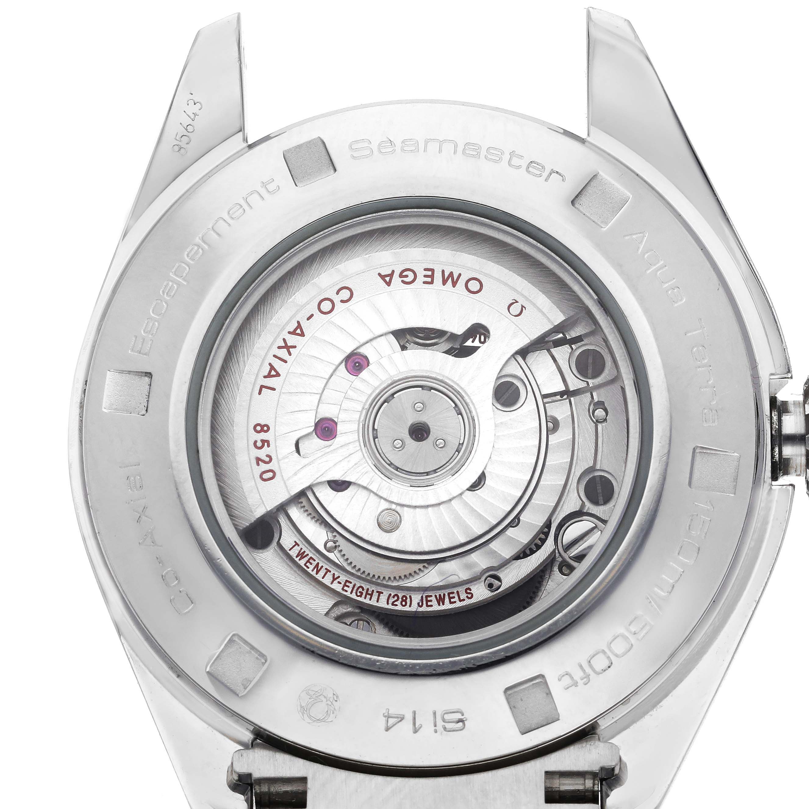 The image shows the back view and mechanism of the Omega 231.10.34.20.04.001 Women's Stainless Steel Silver Dial 231.10.34.20.04.001 Women's Stainless Steel Silver Dial Aqua Terra 34 Ladies Watch 231.10.34.20.04.001.