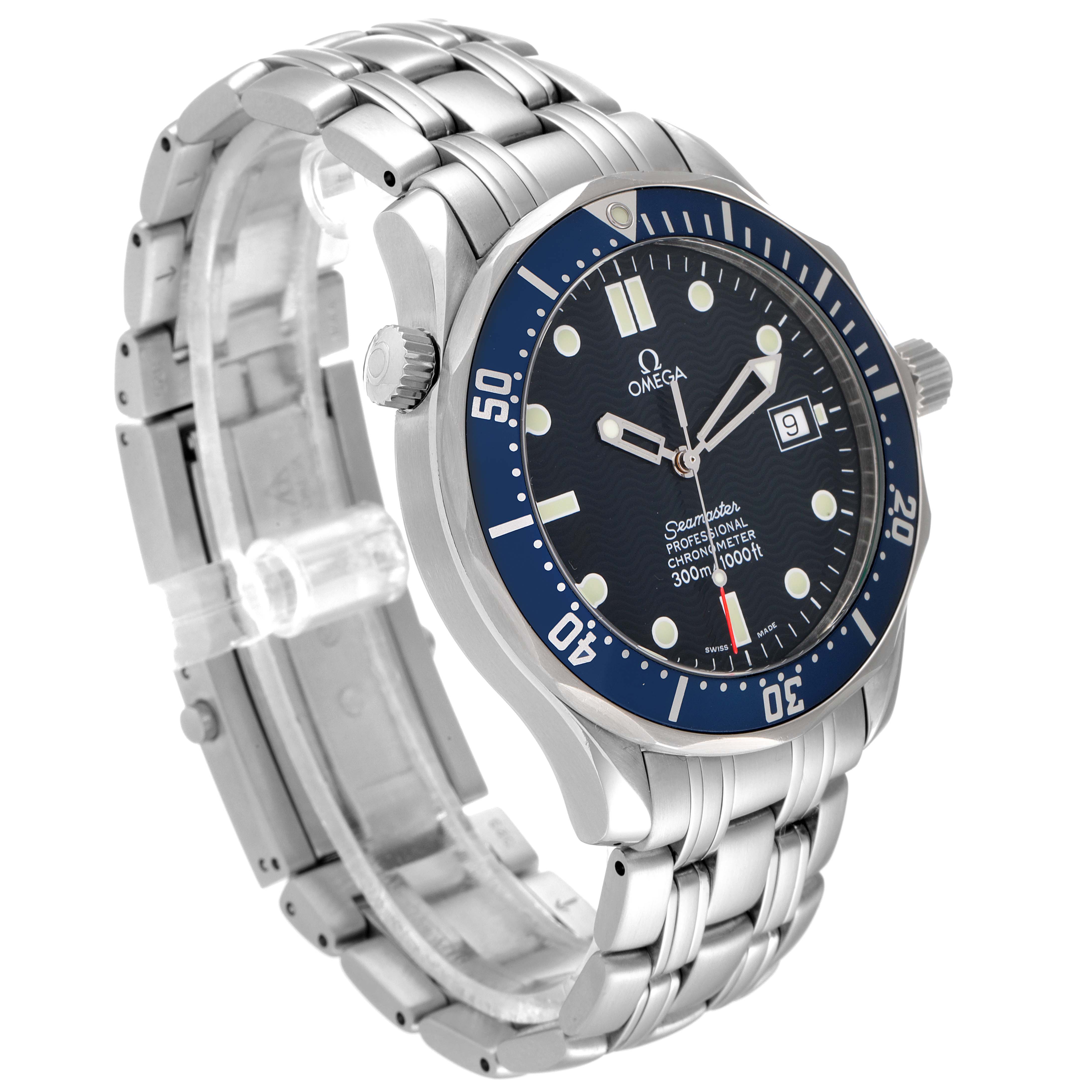 This image shows an angled view of the Omega Seamaster 2531.80.00 Men's Stainless Steel Blue Dial 2531.80.00 Men's Stainless Steel Blue Dial watch, highlighting the face, bezel, crown, and stainless steel bracelet.