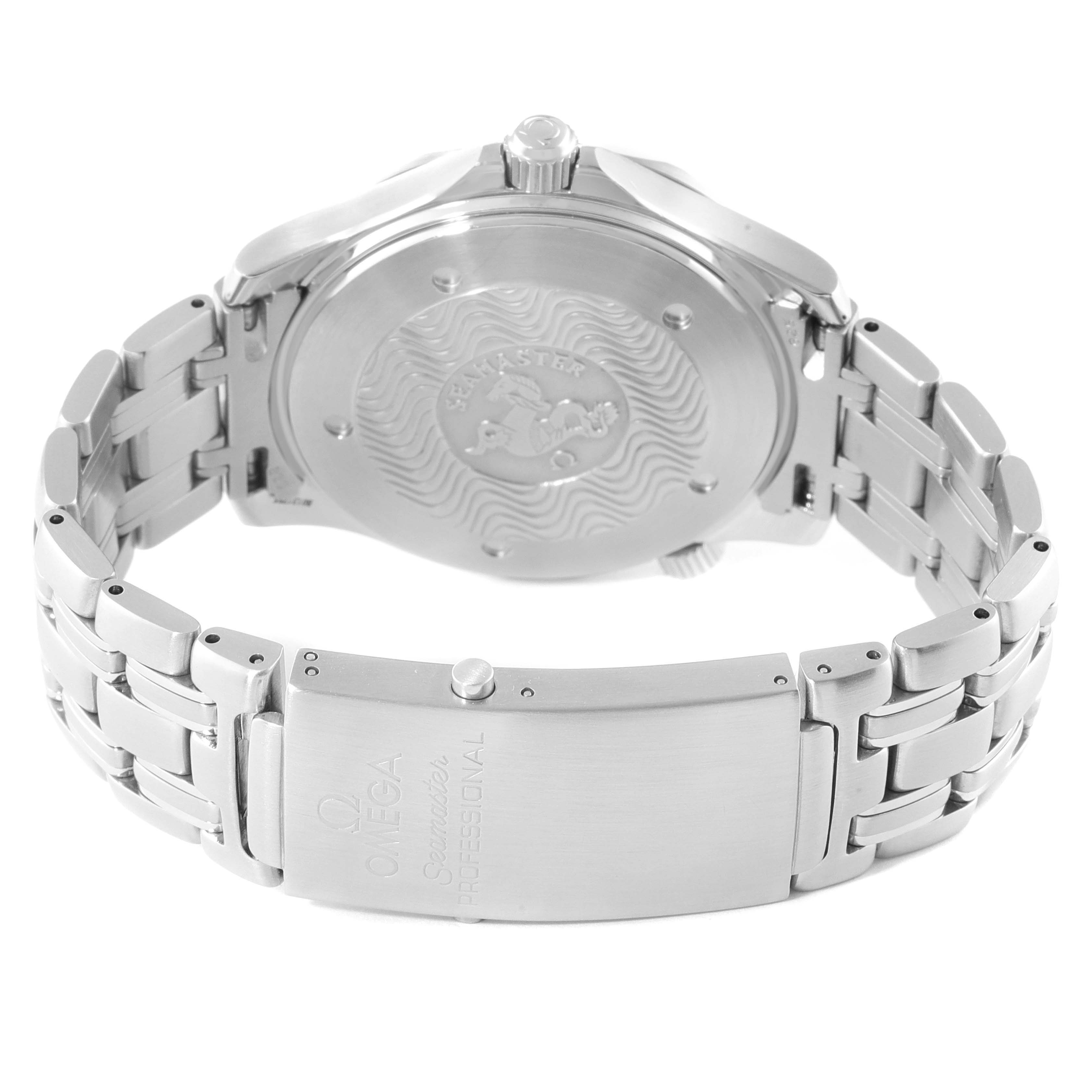 The image shows the back view of an Omega Seamaster 2531.80.00 Men's Stainless Steel Blue Dial 2531.80.00 Men's Stainless Steel Blue Dial watch, highlighting the case back and stainless steel bracelet with the clasp.