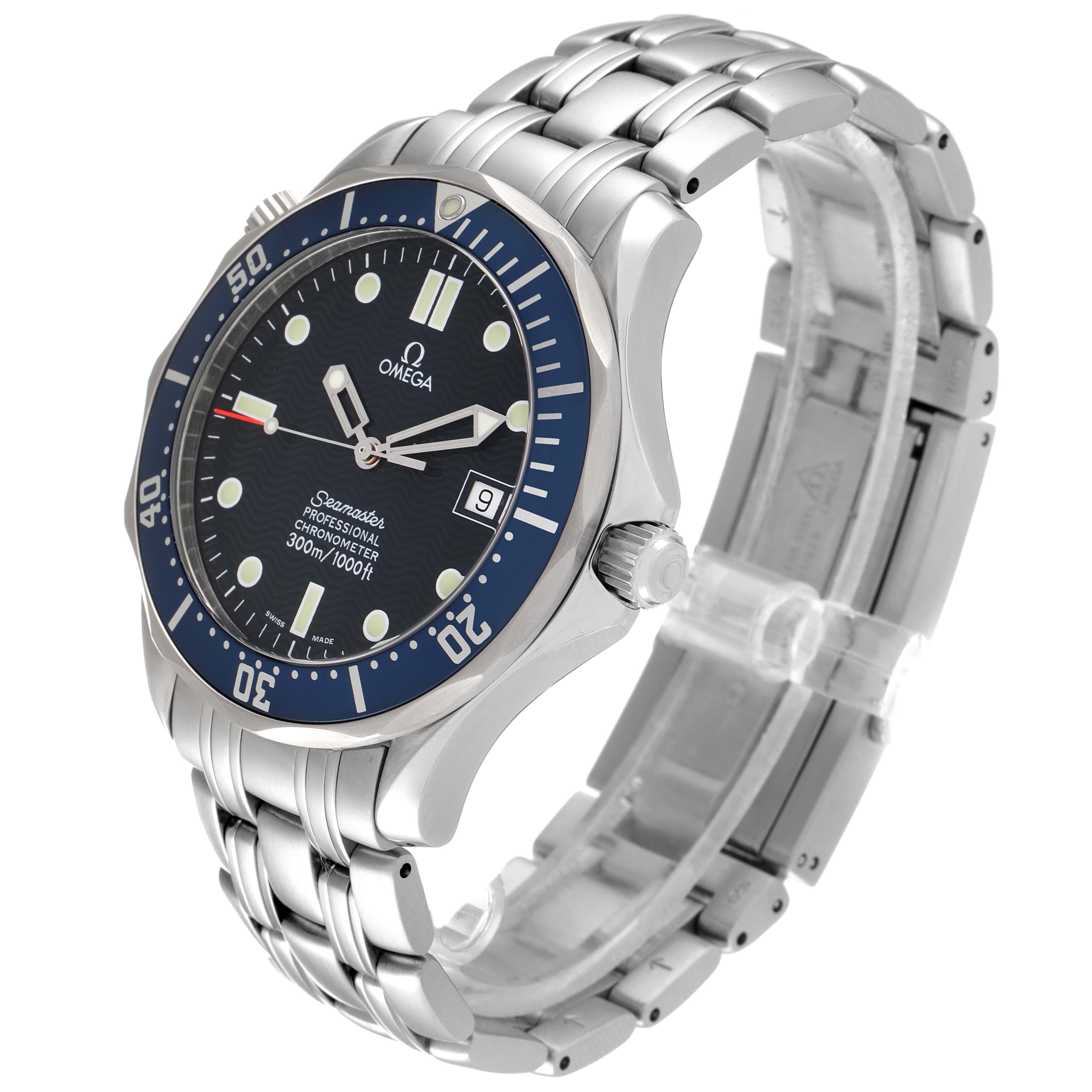 The image displays an Omega Seamaster 2531.80.00 Men's Stainless Steel Blue Dial 2531.80.00 Men's Stainless Steel Blue Dial watch at an angled view, showcasing the dial, bezel, crown, and stainless steel bracelet.