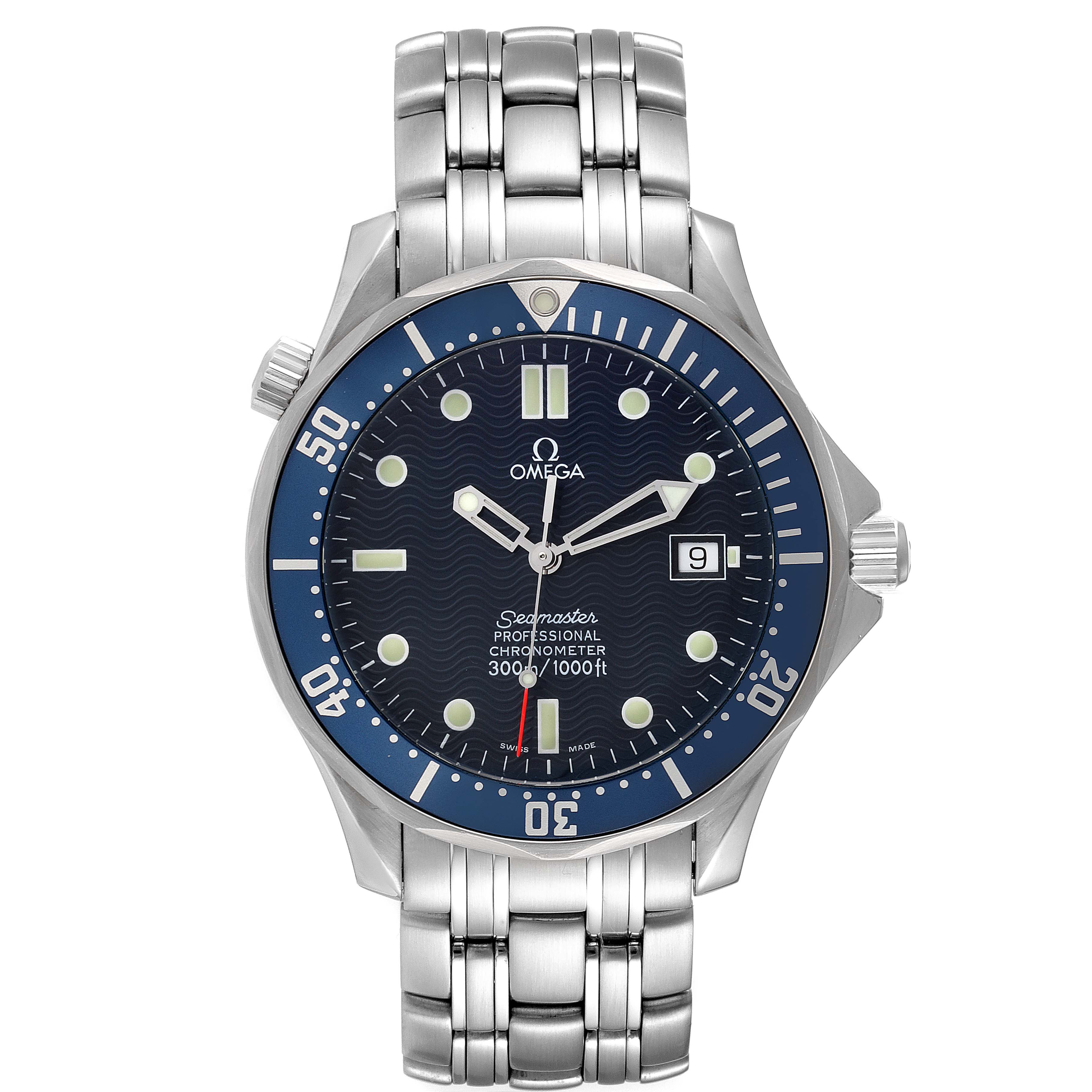 The image shows a front view of an Omega Seamaster 2531.80.00 Men's Stainless Steel Blue Dial 2531.80.00 Men's Stainless Steel Blue Dial watch, highlighting its dial, bezel, hands, and the stainless steel bracelet.
