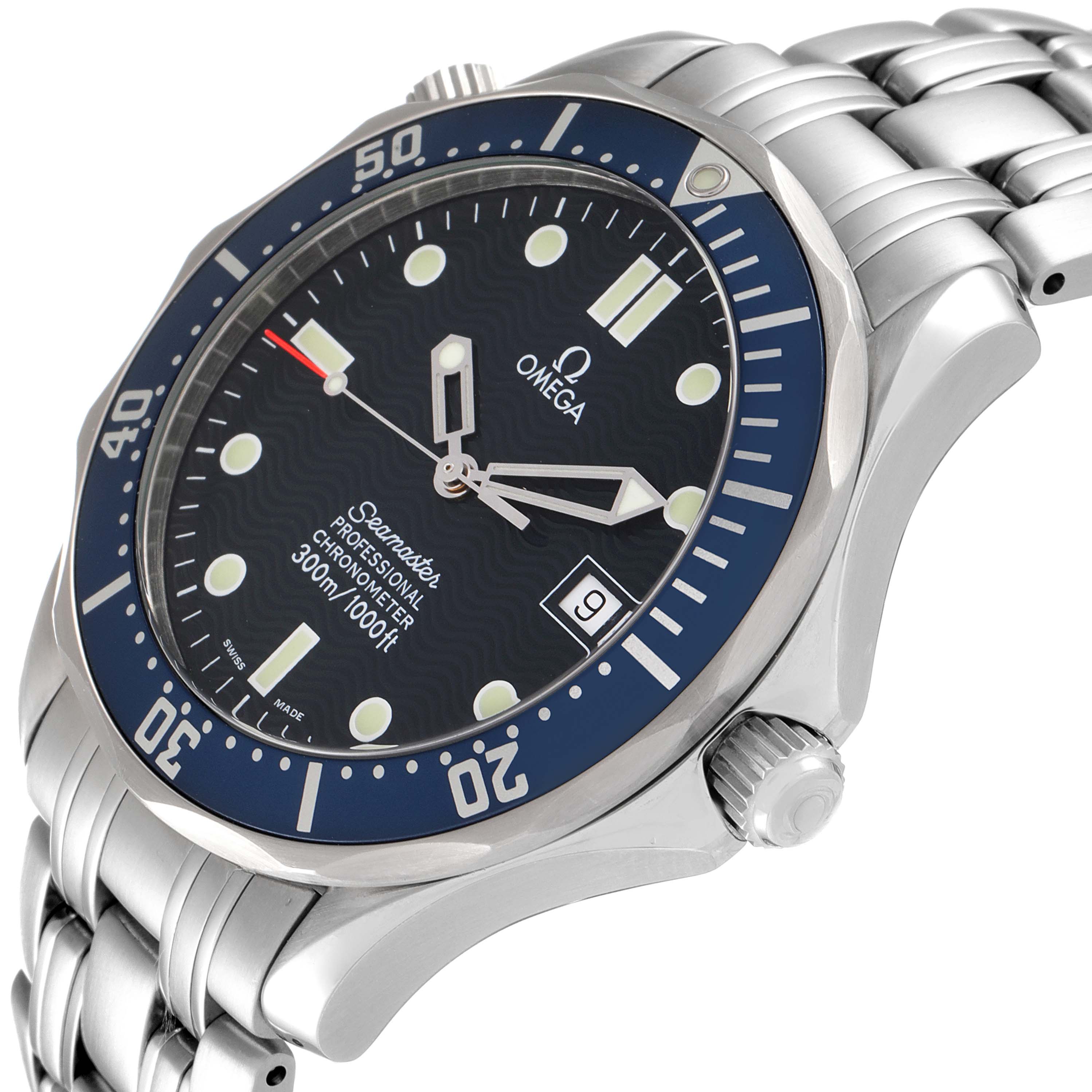 The image shows a side angle of an Omega Seamaster 2531.80.00 Men's Stainless Steel Blue Dial 2531.80.00 Men's Stainless Steel Blue Dial watch, highlighting the bezel, dial, crown, and part of the bracelet.