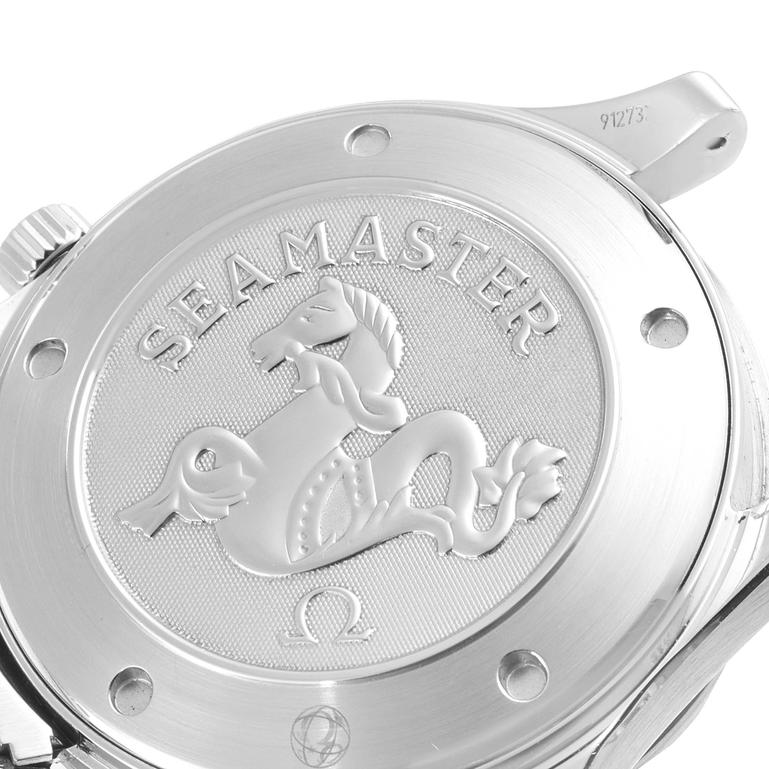 The image shows the backside of an Omega Seamaster 2221.80.00 Men's Stainless Steel Blue Dial 2221.80.00 Men's Stainless Steel Blue Dial watch, highlighting the engraved logo and screw-back case.